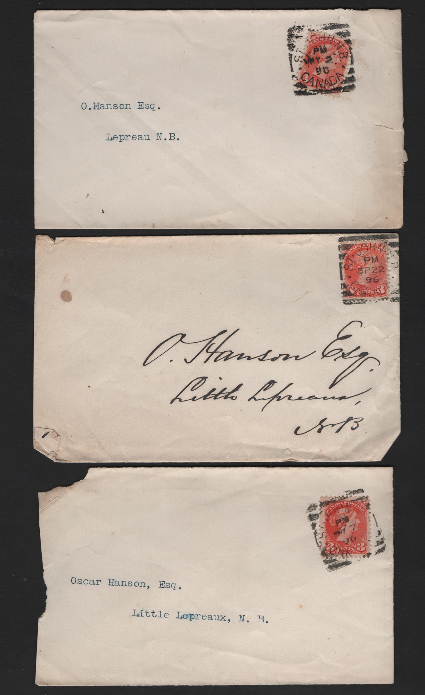 Lot 309 3c Vermilion Three Different Shades Used on 1896 Covers From Saint John to Lepreaux, NB
