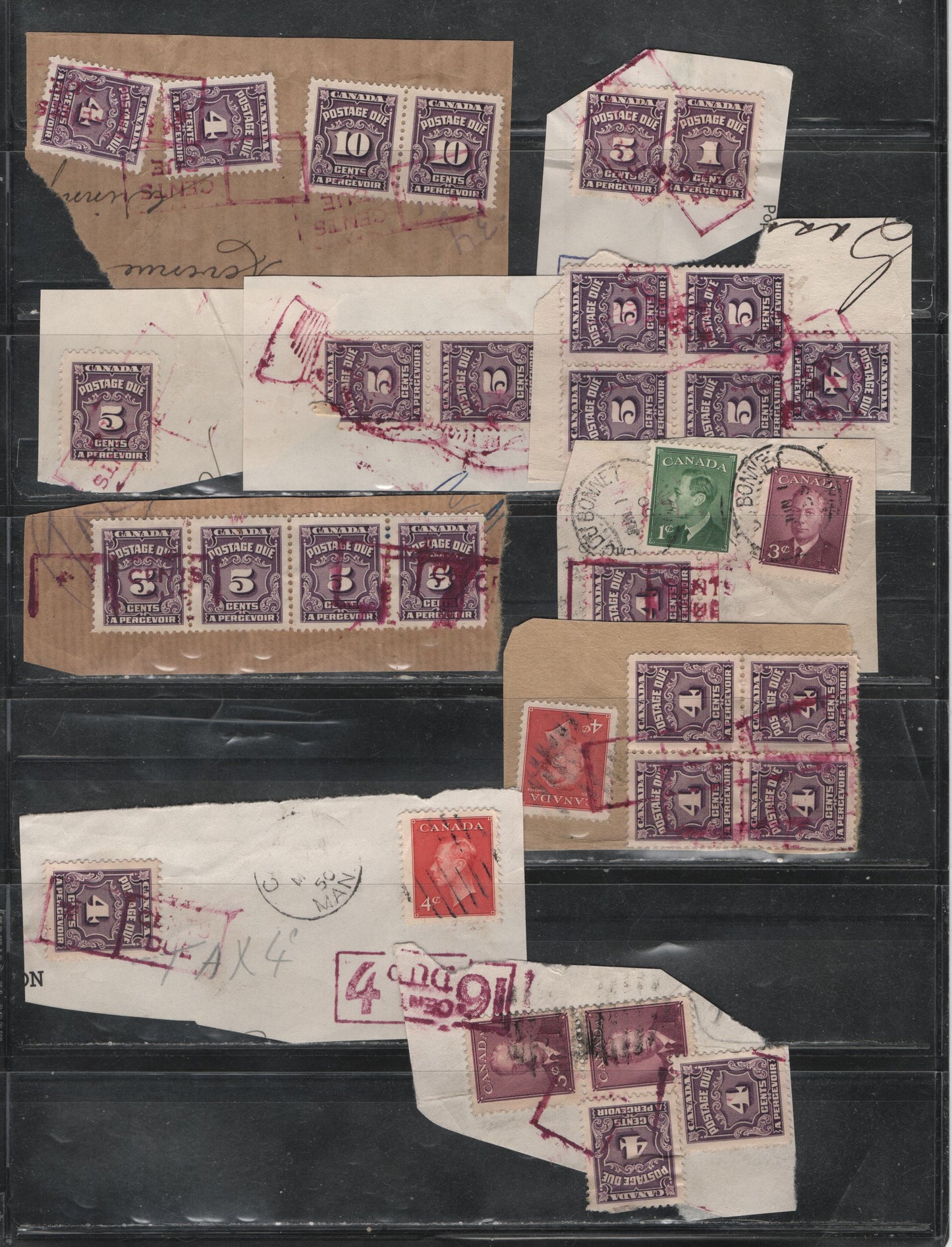 Lot 334 Canada SC#J15b/J20b 1c-5c, 10c 27 Fine & VF Used Envelope & Parcel Fragments Franked With Singles, Strips, Pairs & Blocks All With Purple Boxed "Cents Due" Cancels, High Proportion Of Scarcer Red Violet Printings