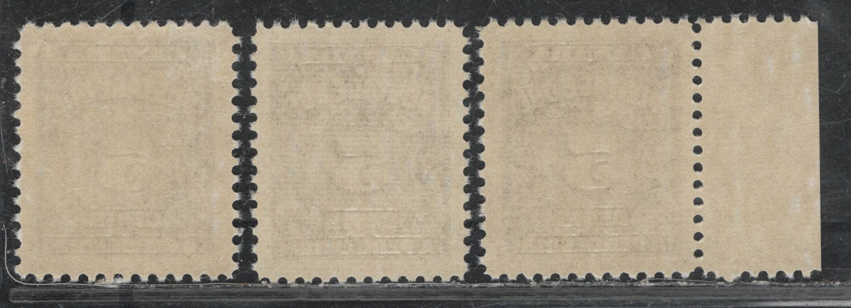 Lot 361 Canada #J18 5c Dull Violet - Deep Rose Lilac , 1935-1965 4th Postage Due Issue, 3 VFNH Singles, Scarce Low Fluorescent (CBNE-F, CBNE-Q & CBNE-R) Papers, Perfs 11.9x12 and 12x11.9, Much Scarcer Compared To DF Papers.