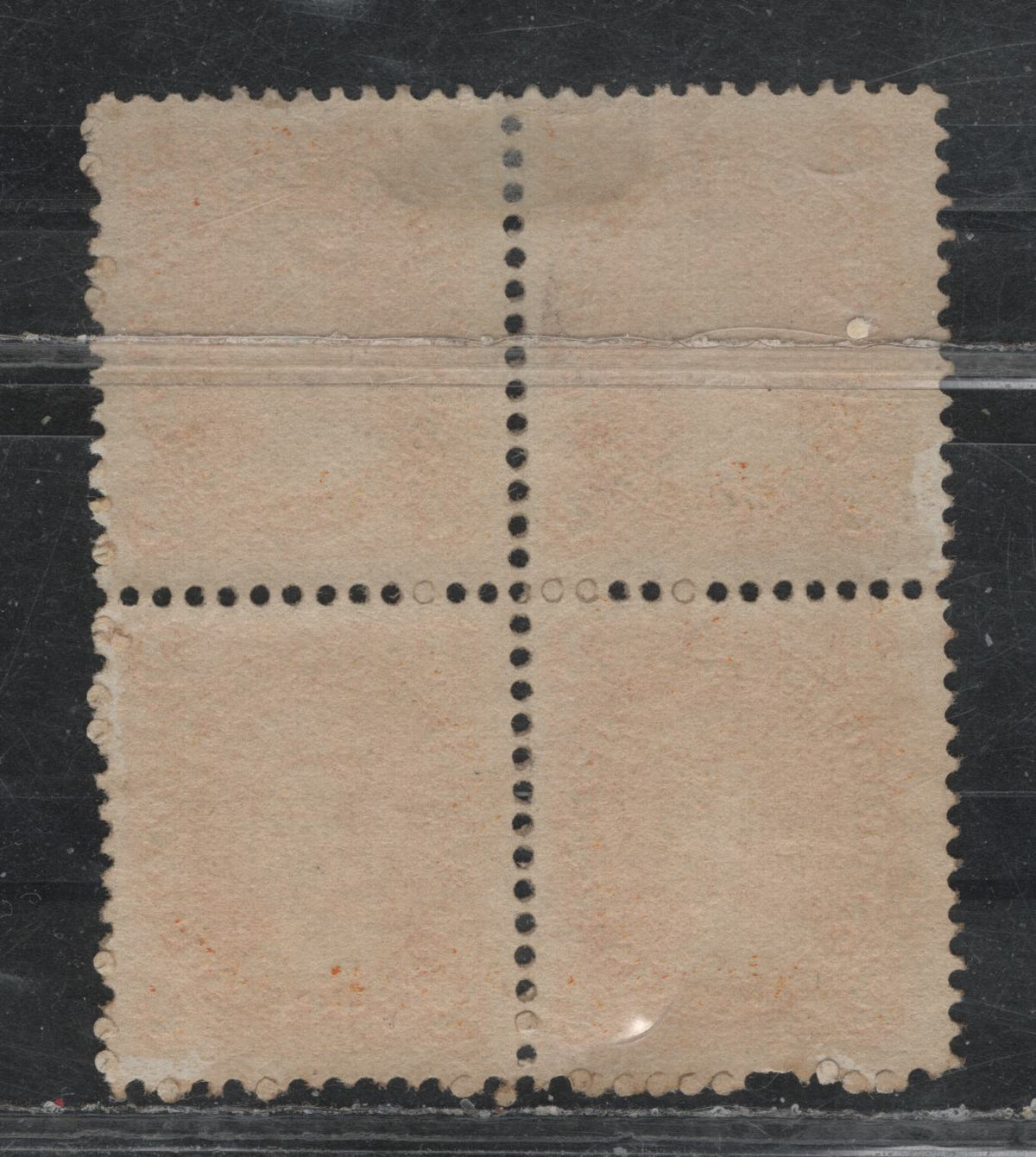 Lot 372 New Brunswick (C)#7c 2c Yellow Orange , 1860 Cents Issue, A FOG/NH Block of 4, Imprint Block, Cents-J Paper, Perf 12x11.75, Top Two Stamps Are Hinged, Bottom Two Are NH.