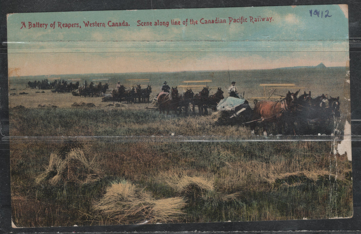 Lot 383 Canada (C) #90ivar 2c Rose Carmine , 1903-1908 King Edward VII Issue, A Fine Used Cover, Bisect Tied By Feb 19 1912 Amherst NS Cancel, Color Postcard Depicting A Battery Of Reapers, Postcard Sent From One Sister To Another In Shinimicas Bridge.