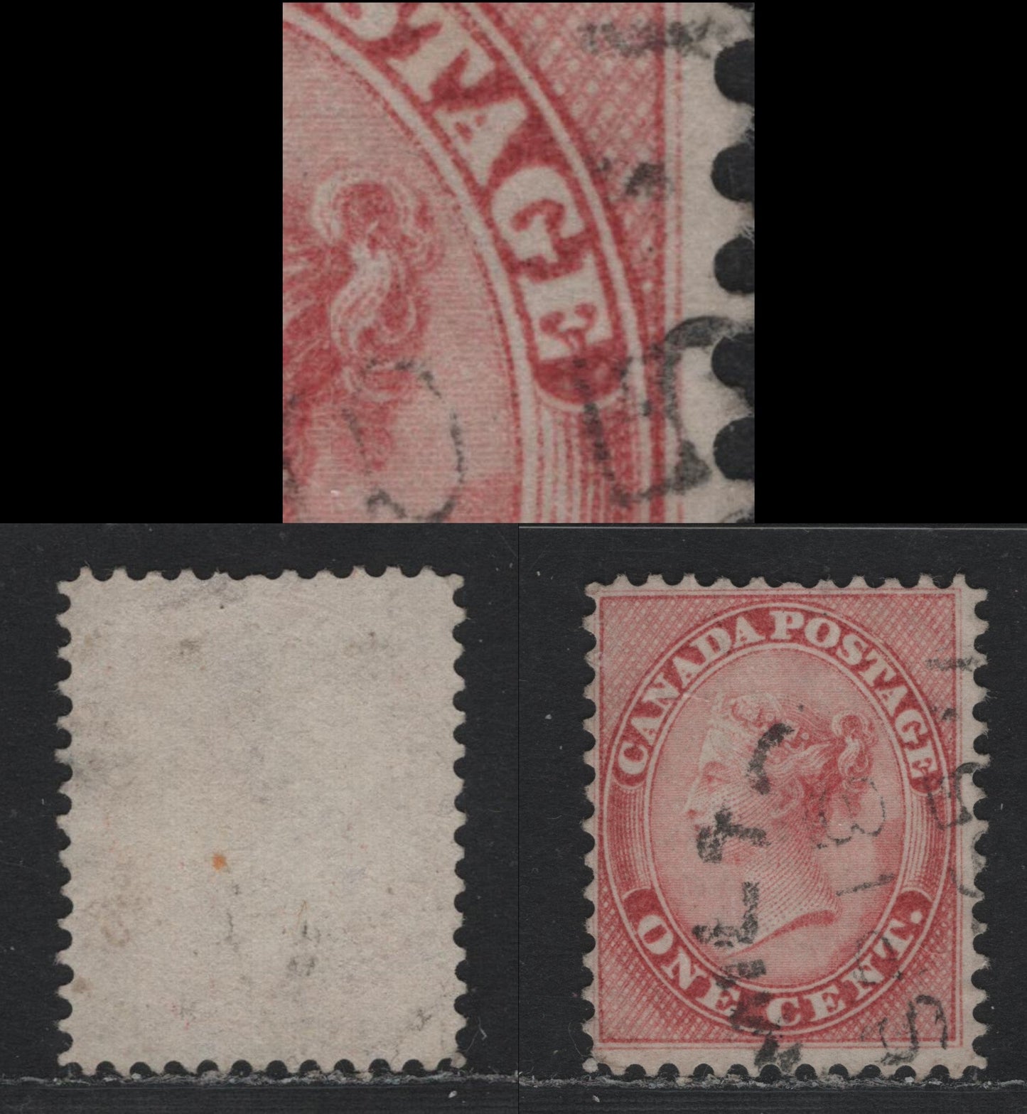 Lot 343 Canada #14 1c Rose , 1859-1864 First Cents Issue, A Fine Used Single, Cents-PP Paper, Showing Unlisted Dash Inside Mouth of 'E' of Postage, September 18 1865 Hamilton CDS Cancel, Two Very Shallow Thins Visible With Backlight.