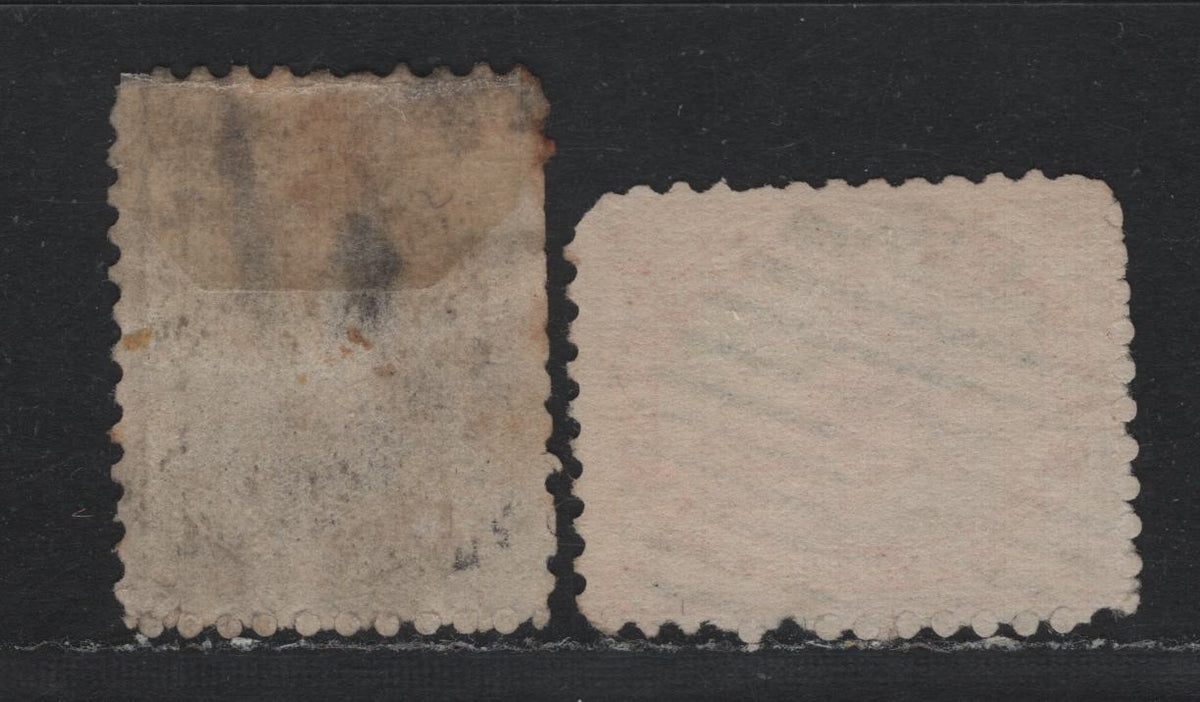 Lot 349 Canada #15, 17b 5c - 10c Vermillion - Brown , 1859-1864 First Cents Issue, 2 Ungraded Used Singles, Perf 11.75, Moderate to Severe Faults (5c - Rounded Corners, 10c Pulled Perfs & Thins), Unchecked As to Papers, The 10c Has A Patched Hole.