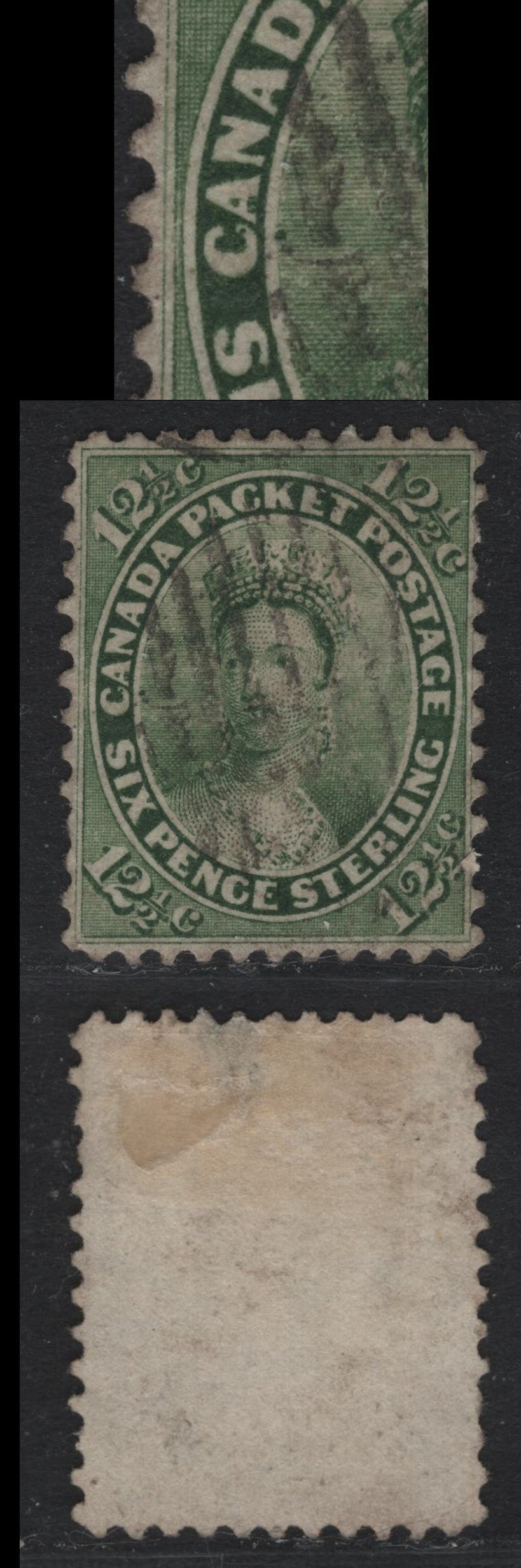 Lot 361 Canada #18ii 12.5c Green , 1859-1864 First Cents Issue, A Fine Used Single, Perf 12, Cents-C Paper, Showing Plate Dots In 'C'of Canada & Just Inside The Medallion At Left.
