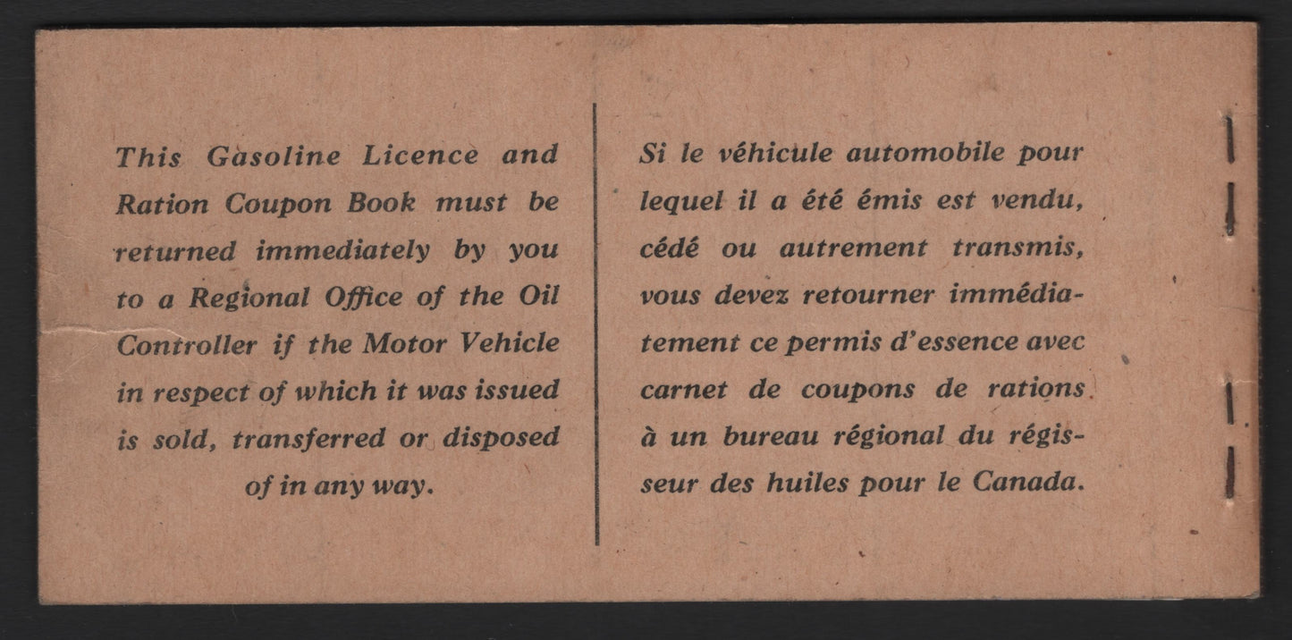 Lot 401 Canada (C) 1945-1946 Federal Gasoline Licence & Ration Coupon Book, A VFOG Book, Containing 21 Of The Original Clean Good Condition Coupons, With Covers Being Clean & Uncreased
