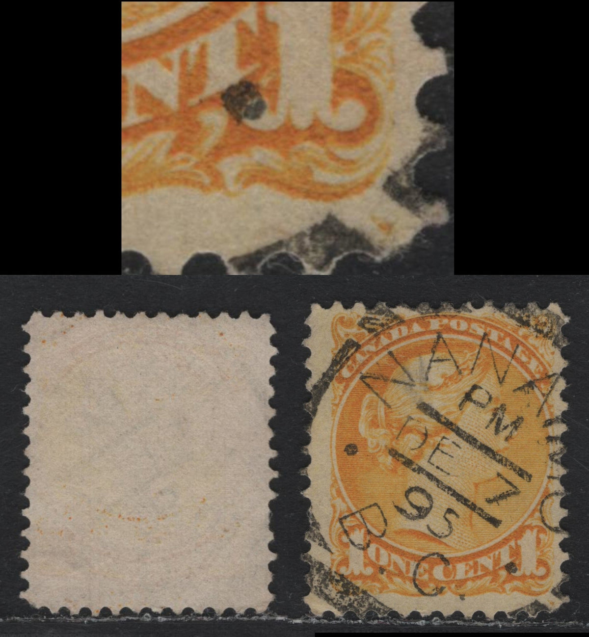 Lot 394 Canada (C)#35 1c Deep Yellow , 1870-1893 Small Queen Issue, A Fine Used Single, Early Second Ottawa Printing, 2O-G Paper, Interestingly Shows A Plate Position Dot In Margin At LR. SON Strike Of Nanaimo BC Squared Circle Cancel Type 2.