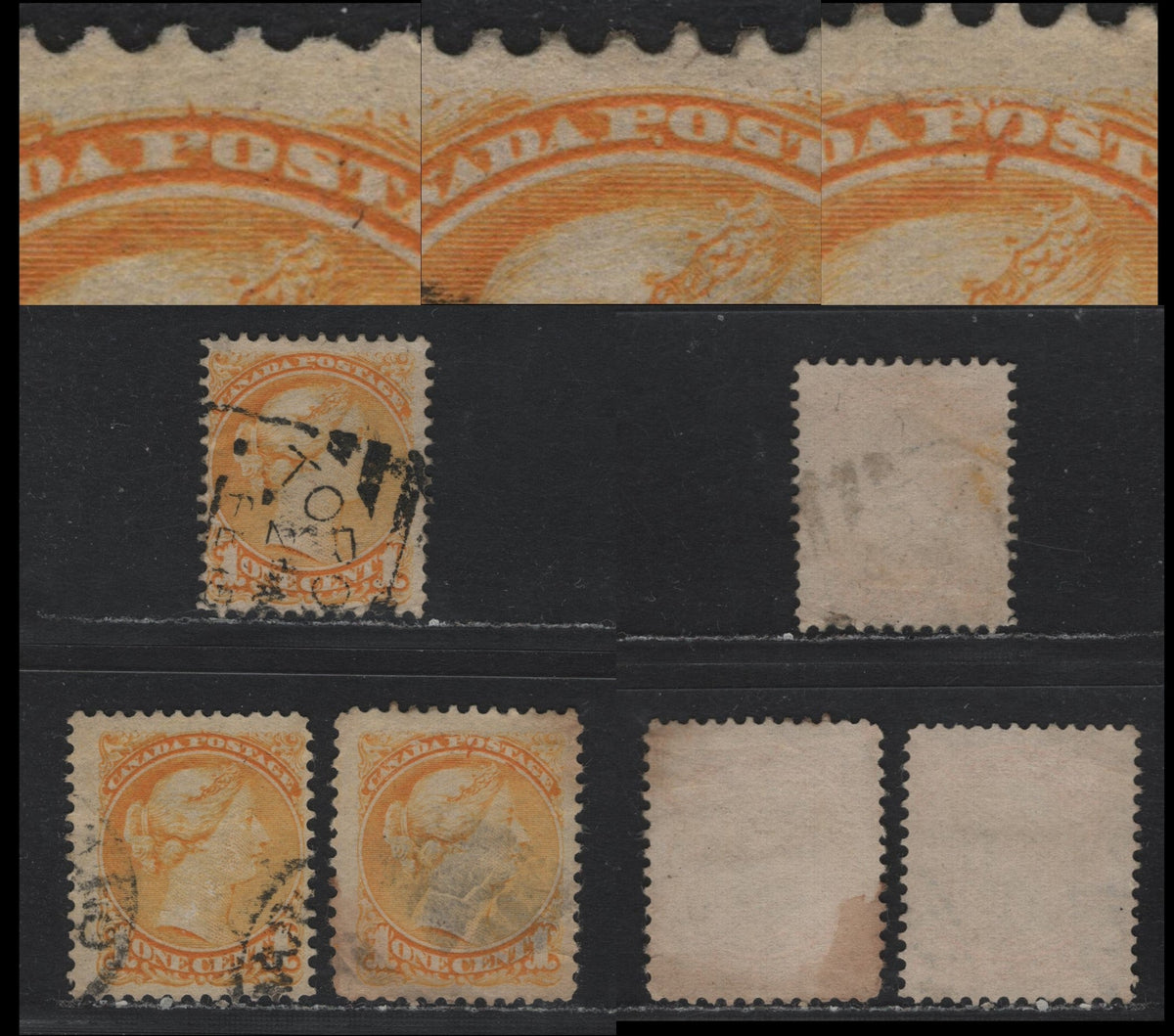 Lot 397 Canada (C)#35var 1c Yellow , 1870-1893 Small Queen Issue, 3 Fine Used Singles, Second Ottawa Printings, Unlisted Printing Flaws, Unchecked As To Specific Papers & Perfs.