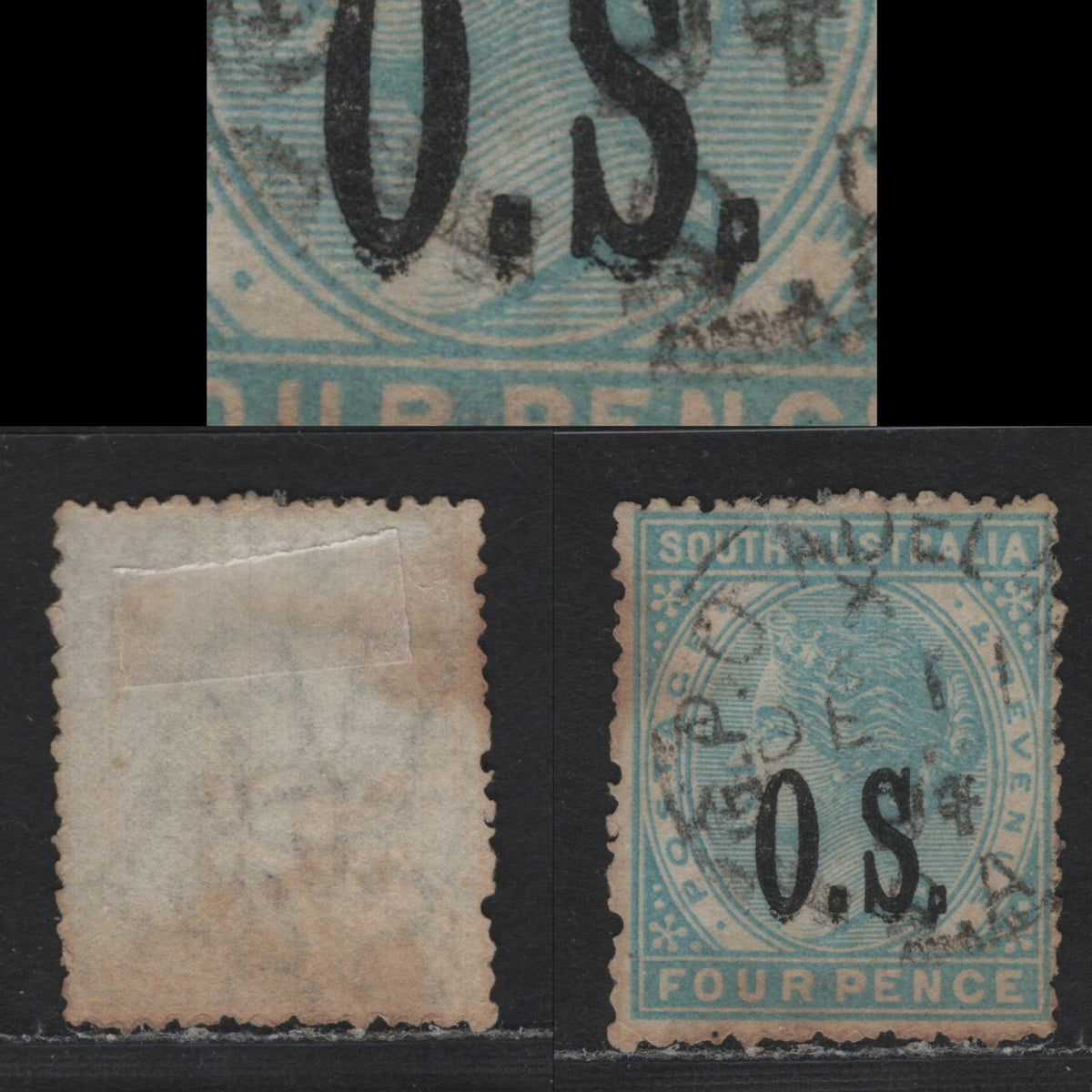 Lot 159 Australia - South Australia SG#O66var 4d Light Blue , 1891-1899 Overprinted Issue, A Very Good Used Single, Perf 15, Overprinted OS, Very Slight Doubling At The Bottom Of Letters & Periods, Dec. 11 1894 GPO Adelaide Cancel.