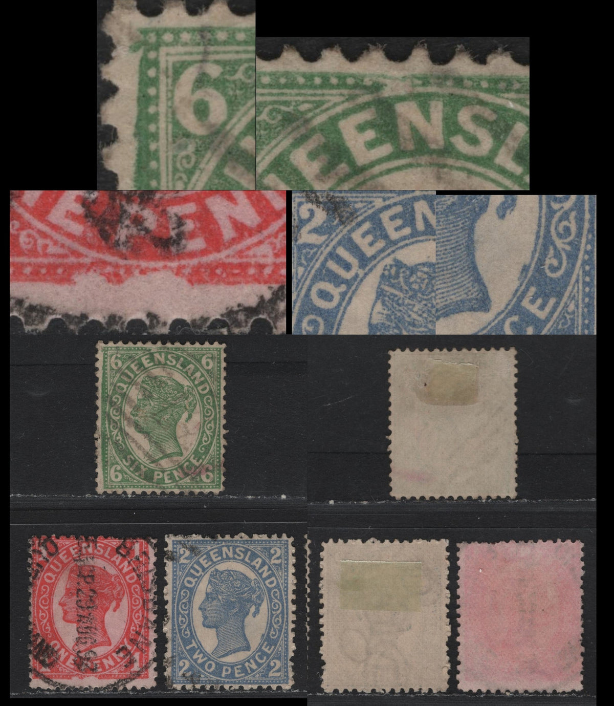 Lot 416 Australia - Queensland SG#233var, 234var, 249var 1d - 6d Vermillion - Green , 1897-1908 4th Sideface Issue, Very Good/Fine/Very Fine Used Singles, Crown Over Q Wmk, Comb Perf 12.5-13, Showing Plate Damage Sports As Indicated In The Scans.