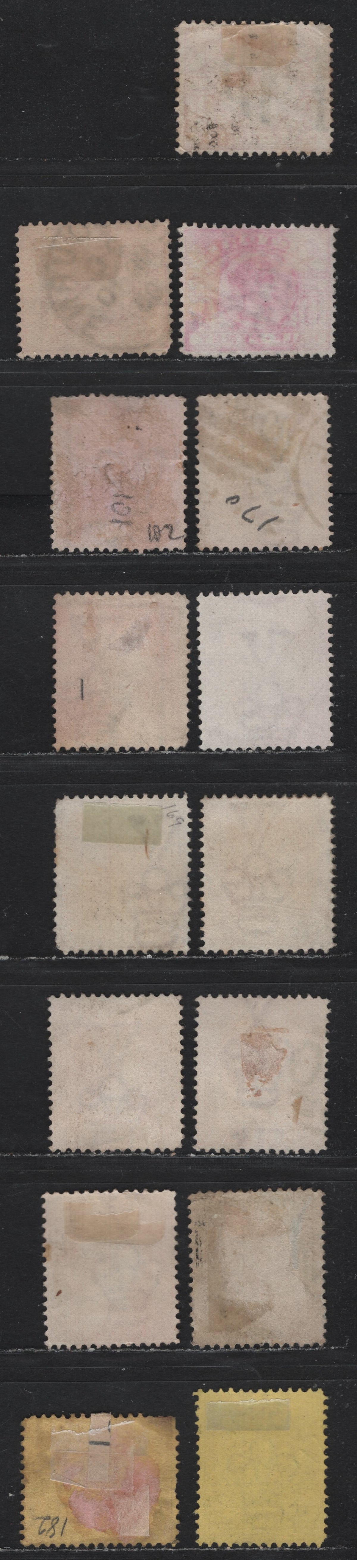 Lot 164 Australia - Victoria SG#311-b, 312a, 313-d,f, 315b, 355, 329 (SC# 160, 161, 169, 172, 182) 1/2d - 2.5d Pink - Red on Yellow , 1886-1896 Reading Design Stamp Duty Issue, 14 Fine/Very Fine Used Singles, V over Crown Rounded Wmk, V2 Paper