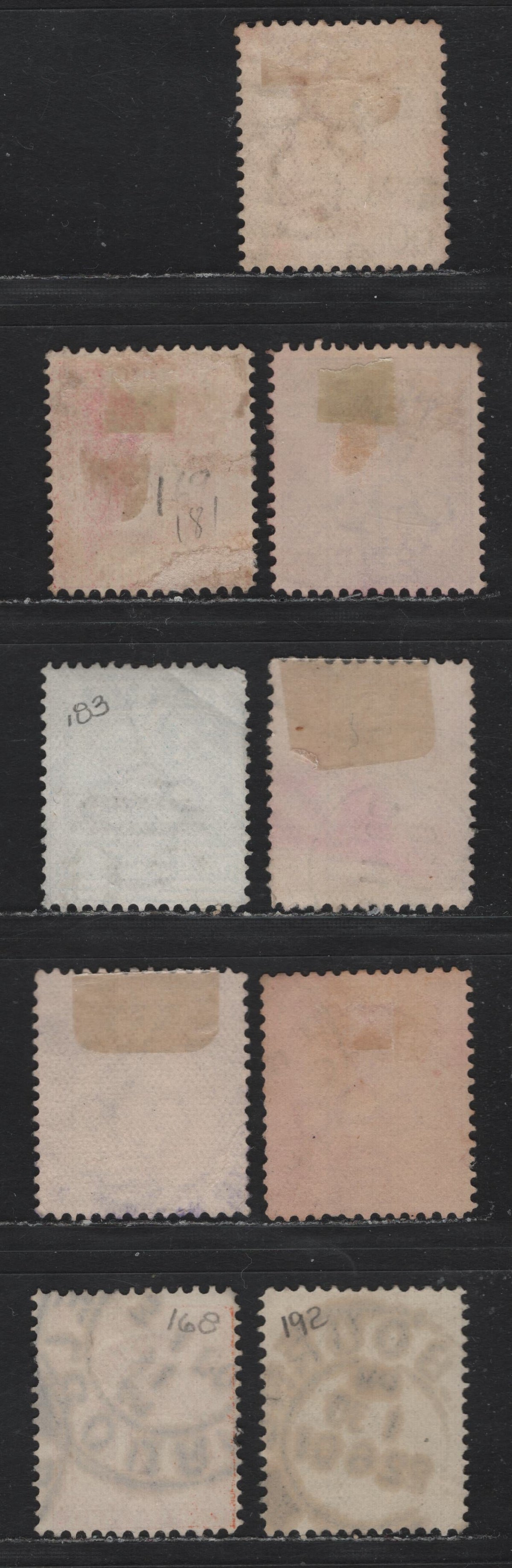 Lot 192 Australia - Victoria SG#357-a, 358-361, 365-366, 368 (SC# 149, 162, 165, 168, 175a, 181, 183, 192) 1d - 1/6d Rose Red - Orange , 1899-1901 Reading Design Stamp Duty Issue, 9 Very Good/Fine Used Singles, V Over Crown With Wide top (V4)