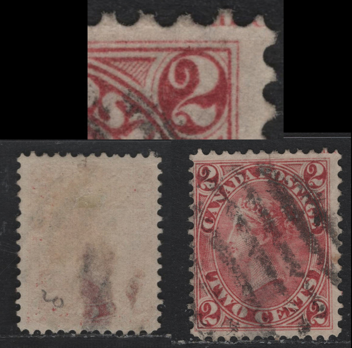 Lot 323 Canada #20iv 2c Deep Claret Rose, 1859-1864 Queen Victoria First Cents Issue, A Good Used Single Perf 11.75 x 12, Showing Partial Imprint At UR, Unchecked As To Specific Paper Type