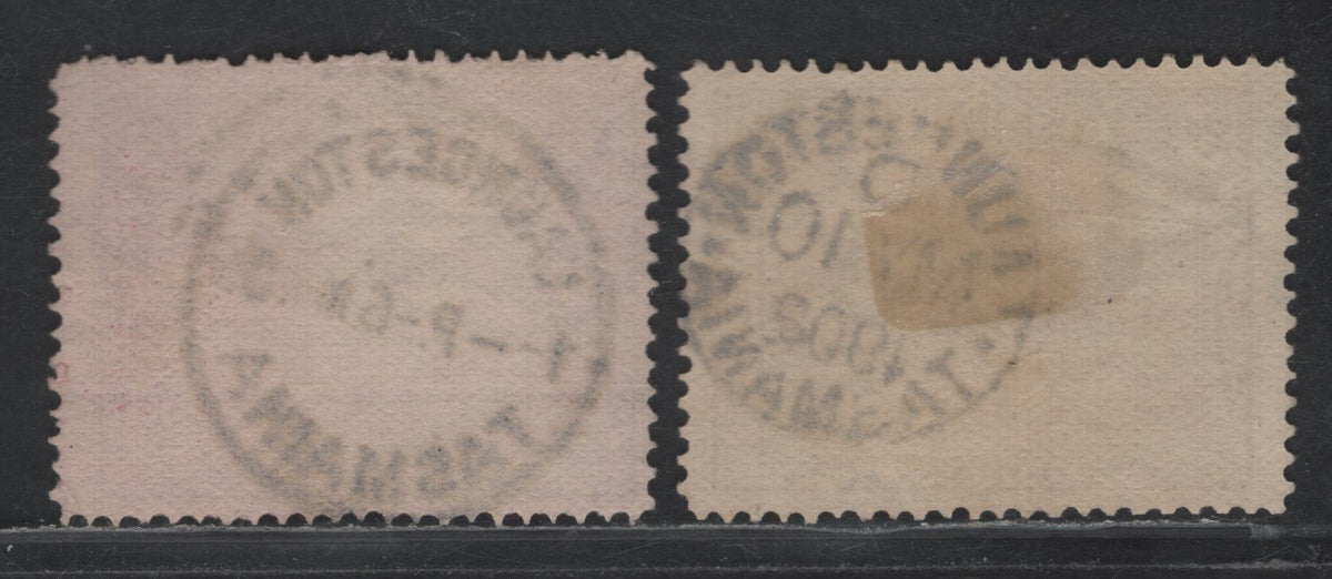 Lot 56 Australia - Tasmania SG#239,d (SC# 97) 2d Deep Reddish Violet - Deep Rose Lilac, 1902-1905 Lithographed Pictorial Issue, 2 Fine/Very Fine Used Singles, V Over Crown Sideways Wmk, Perf 12.5, SON May 10 1902 & May 6 1905 Lawnceston Cancels.