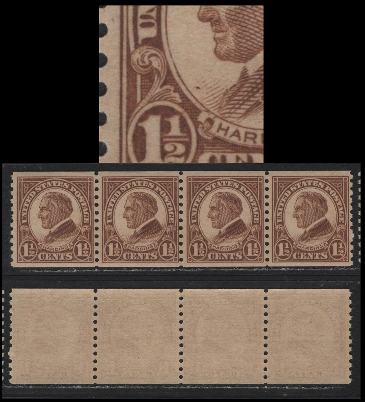 Lot 152 United States SC#598var 1.5c Yellow Brown , 1922-1925 4th Bureau Issue, A VFNH Coil Strip Of 4, Perf 10 Vertical, Showing Unlisted Dot Above Medallion Opposite The Tie, Unlisted In French, No Visible Gum Striations.