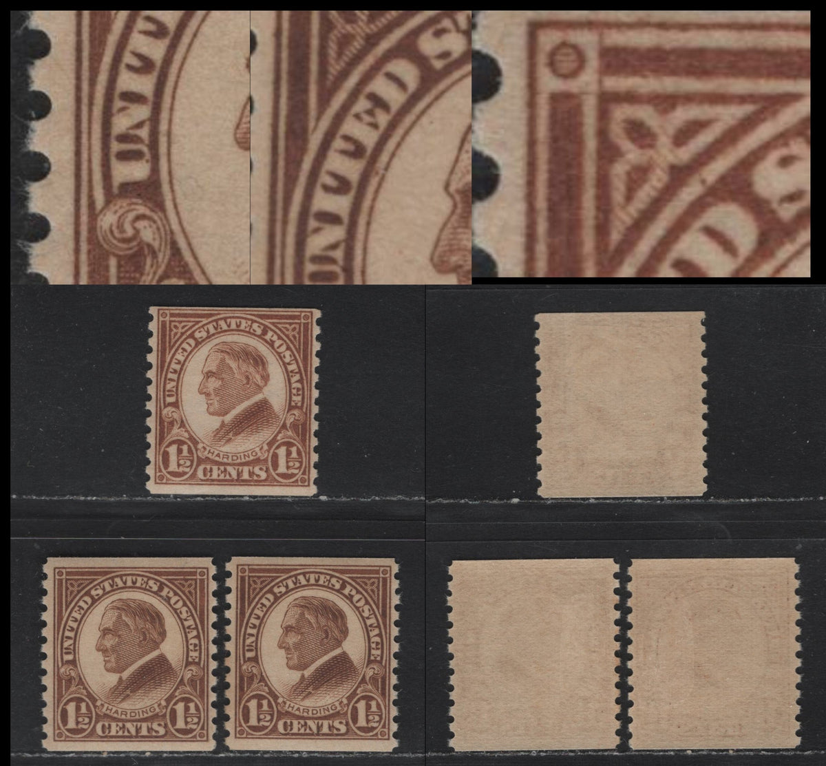 Lot 158 United States SC#598 1.5c Yellow Brown , 1922-1925 4th Bureau Issue, 3 F/VFOG Coil Singles, All Showing Unlisted Dot Flaws, No Visible Gum Striations, Perf 10 Vertical.