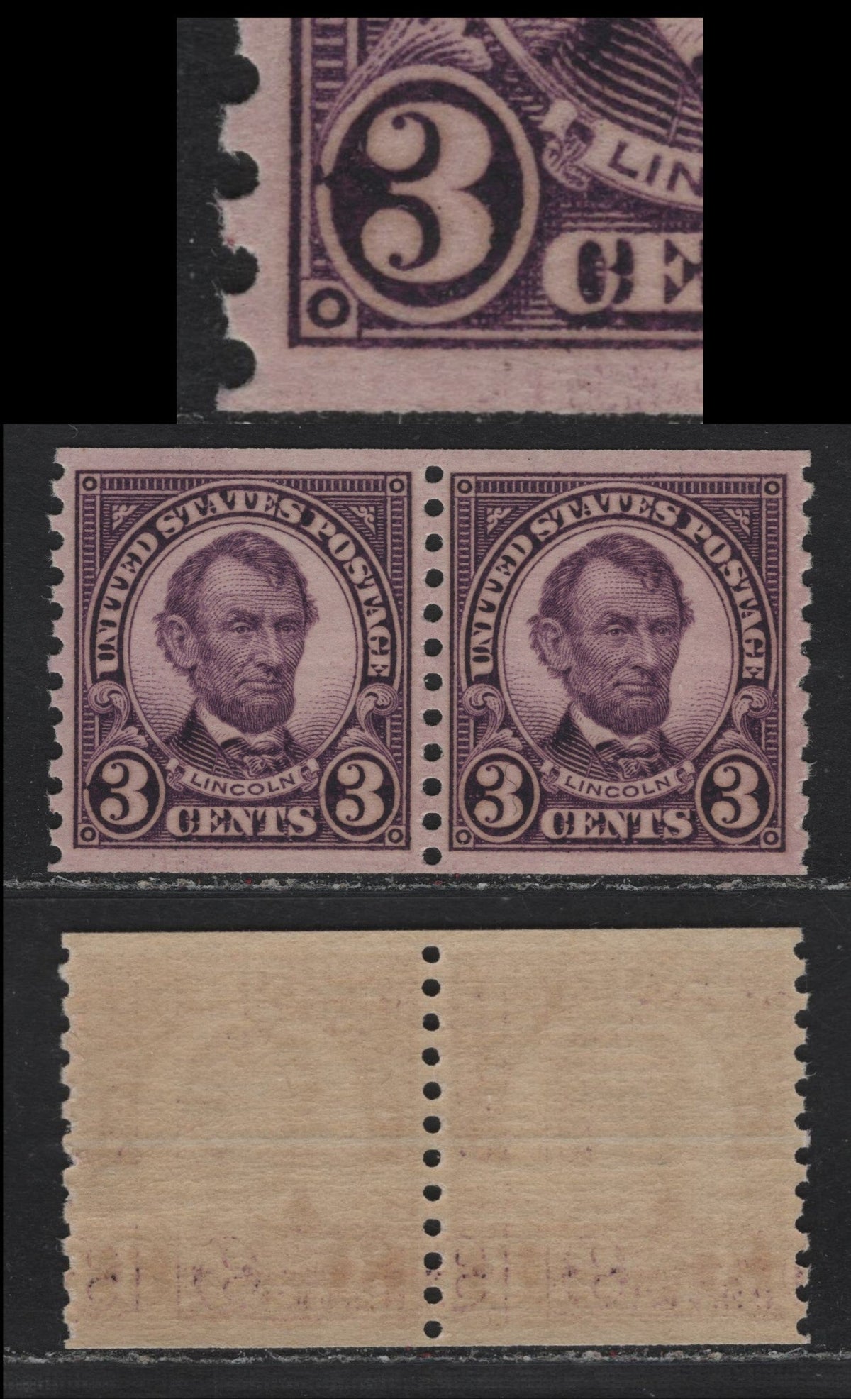 Lot 165 United States SC#600var 3c Violet , 1926-1934 4th Bureau Issue, A VFNH Coil Pair, Showing Unlisted Nearly Broken Value Tablet At Left, Very Well Centered