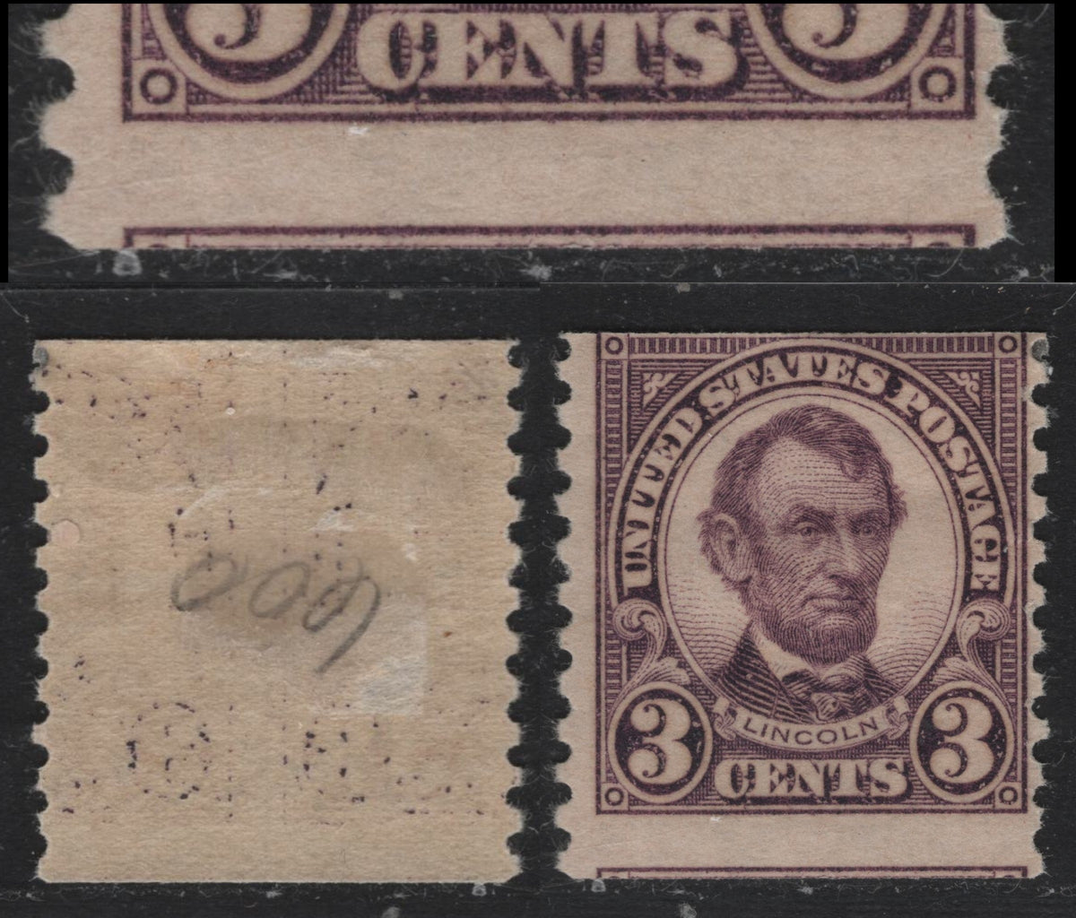 Lot 171 United States SC#600var 3c Violet , 1926-1934 4th Bureau Issue, A FOG Miscult Coil Single, Showing Portion Of Adjoining Stamp At Bottom Of Lower Margin, No Visible Gum Striations