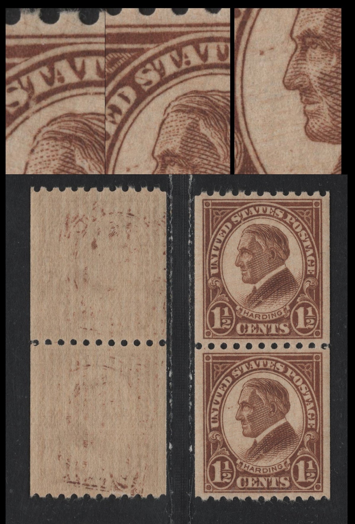 Lot 192 United States SC#655var 1.5c Yellow Brown , 1923-1925 4th Bureau Issue, A XFOG Coil Pair, Perf 10 Horizonal, 12 Vertical Gum Striations Per Inch, Showing Several Unlisted Plate Varieties.