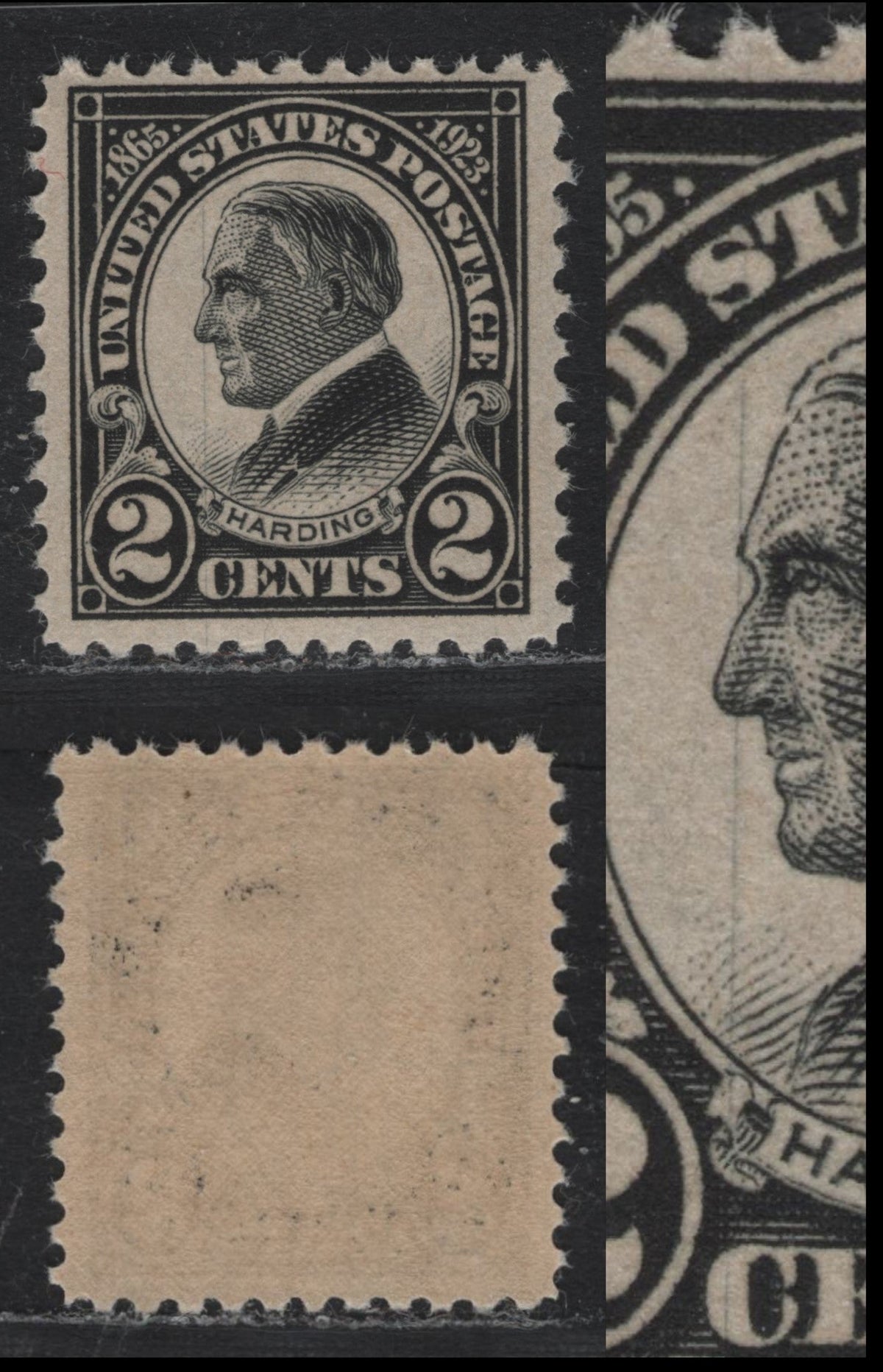 Lot 196 United States SC#610var 2c Black , 1923 Harding Memorial Issue, A VFNH Single, Flat Plate Printing, Perf 11, Vertical Hairline Though The Design To The Left Of The Portrait, Unlisted In French.