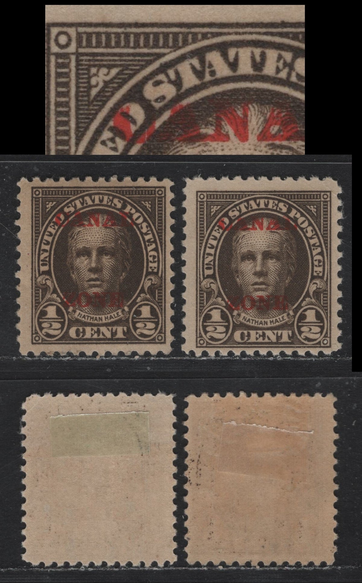 Lot 1 United States - Canal Zone (C)SC#70, 70var 1/2c Olive Brown , 1924-1925 Canal Zone Overprinted Issue, 2 FOG Singles, Flat Plate Printing, Slat Top To A, Normal Stamp & One With Well Known & Documented Broken C & A Of Canal.