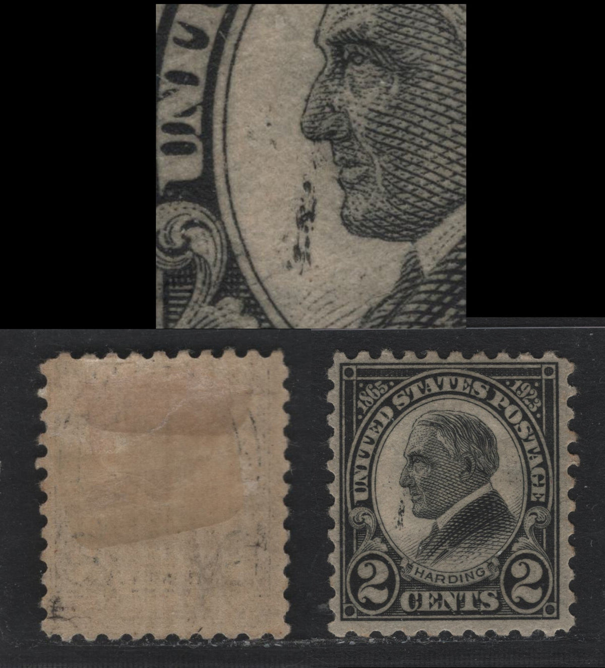 Lot 205 United States SC#612var 2c Gray Black, 1923 Harding Memorial Issue, A VFOG Single, Rotary Press Printing, Perf 10, Type 3 Gum Breaker Ridges, 12 Vertical Gum Striations, Showing Large Ink Smudge Under Hardings Nose - The Sneeze Variety.