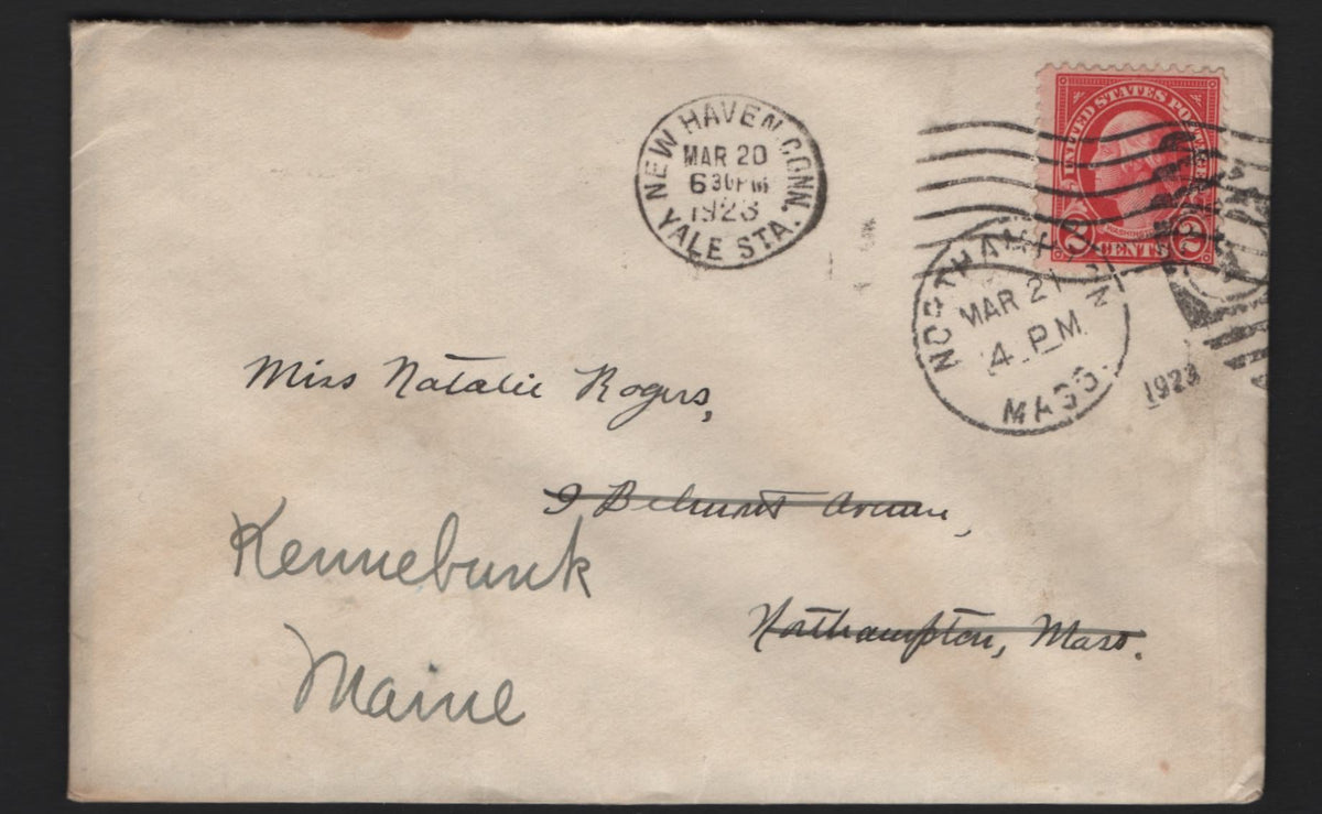 Lot 207 United States SC#554 2c Bright Carmine, 1922-1925 4th Bureau Issue, A Very Fine Used Cover, Singled Tied Redirected Cover, Sent March 20 1923 From New Haven, CT, To Northampton, Mass, Redirect in Pencil.