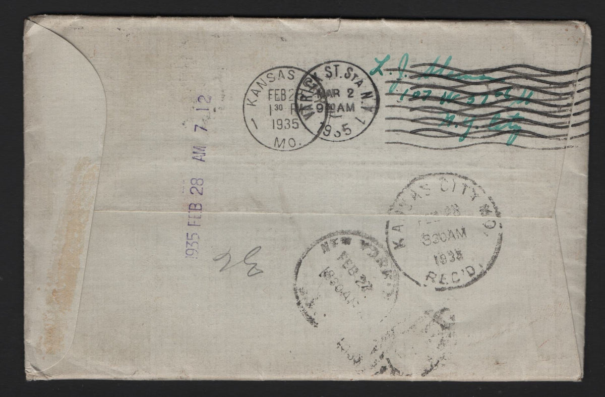 Lot 214 United States, A Very Fine Used Redirected Special Delivery Cover, Franked With #632, #634A, Two #637's & #720, 1935 Redirected, The Mullback Is A Phonetic Spelling For The Muchlebach Hotel, Which Was Opened In 1915.