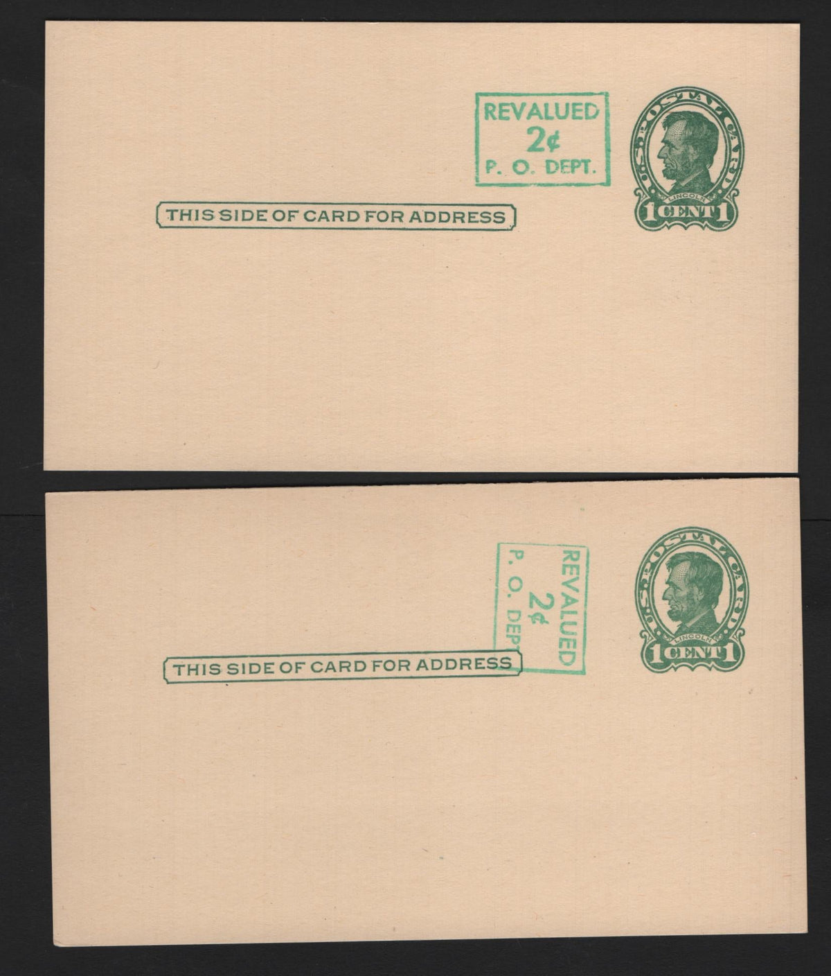 Lot 217 United States SC#UX39, UX39var, UX40,a, UX10 1c - 2c on 1c Green, 3 Fine/Very Fine Used Postal Cards, Cream Stock, Includes An Unlisted Variety In Which There Are 2 Surcharges, One Of Which Is Albino, And In Normal Position.