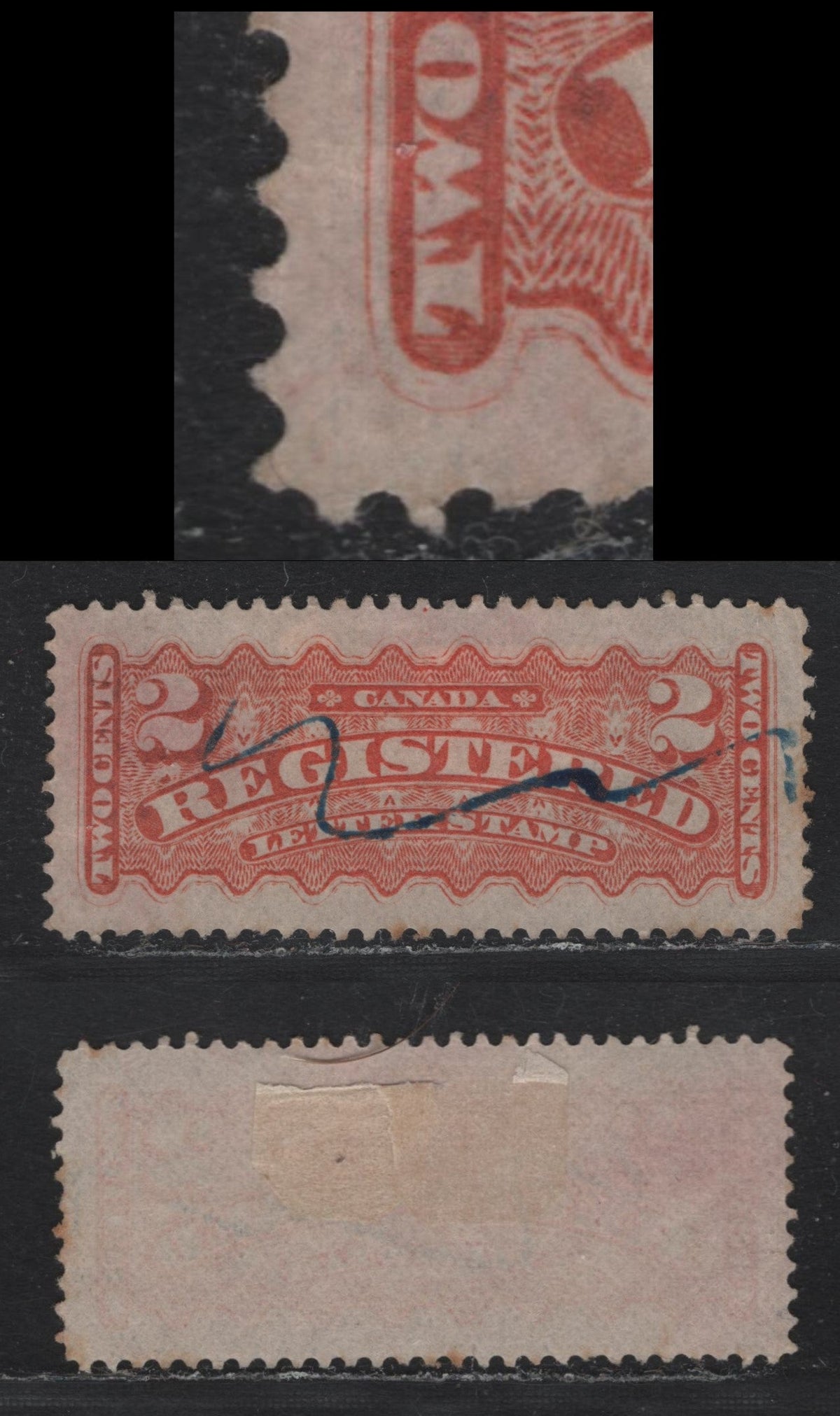 Lot 241 Canada #F1a 2c Pale Dull Vermillion, 1875-1896 Registration Issue, A Very Fine Used Single, Montreal Gazette Printing, Perf 12.25, MM-Y Showing Short Transfer At LL, As Shown On Trimble's Website.