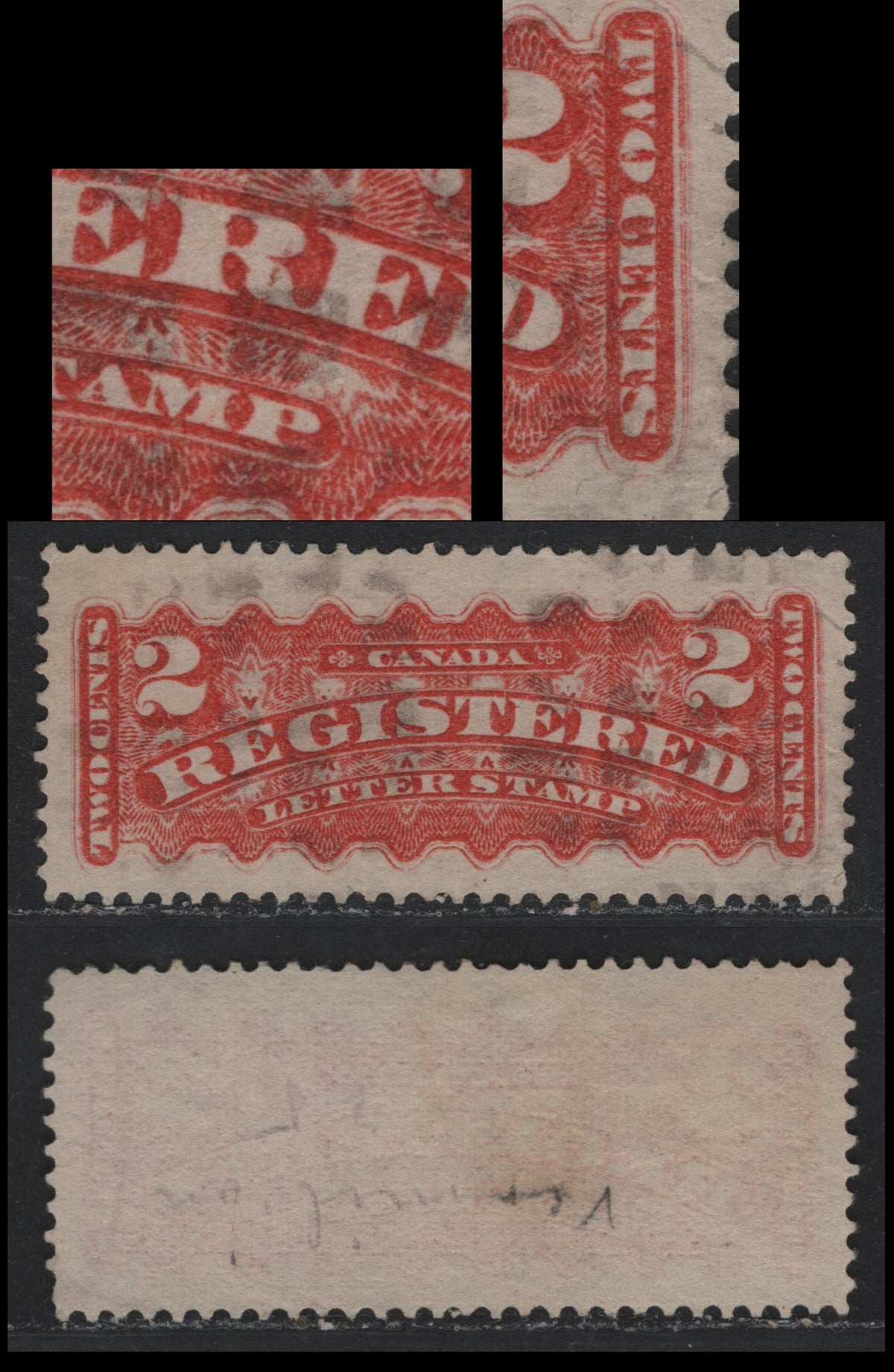 Lot 245 Canada #F1a 2c Vermillion, 1875-1896 Registration Issue, A Very Fine Used Single, Montreal Gazette Printing, Perf 12x12.25, MG-K, Showing Unlisted Re-Entry In Which The Right Frame Is Doubled And A Large Mark Appears In Second R Of Registered.