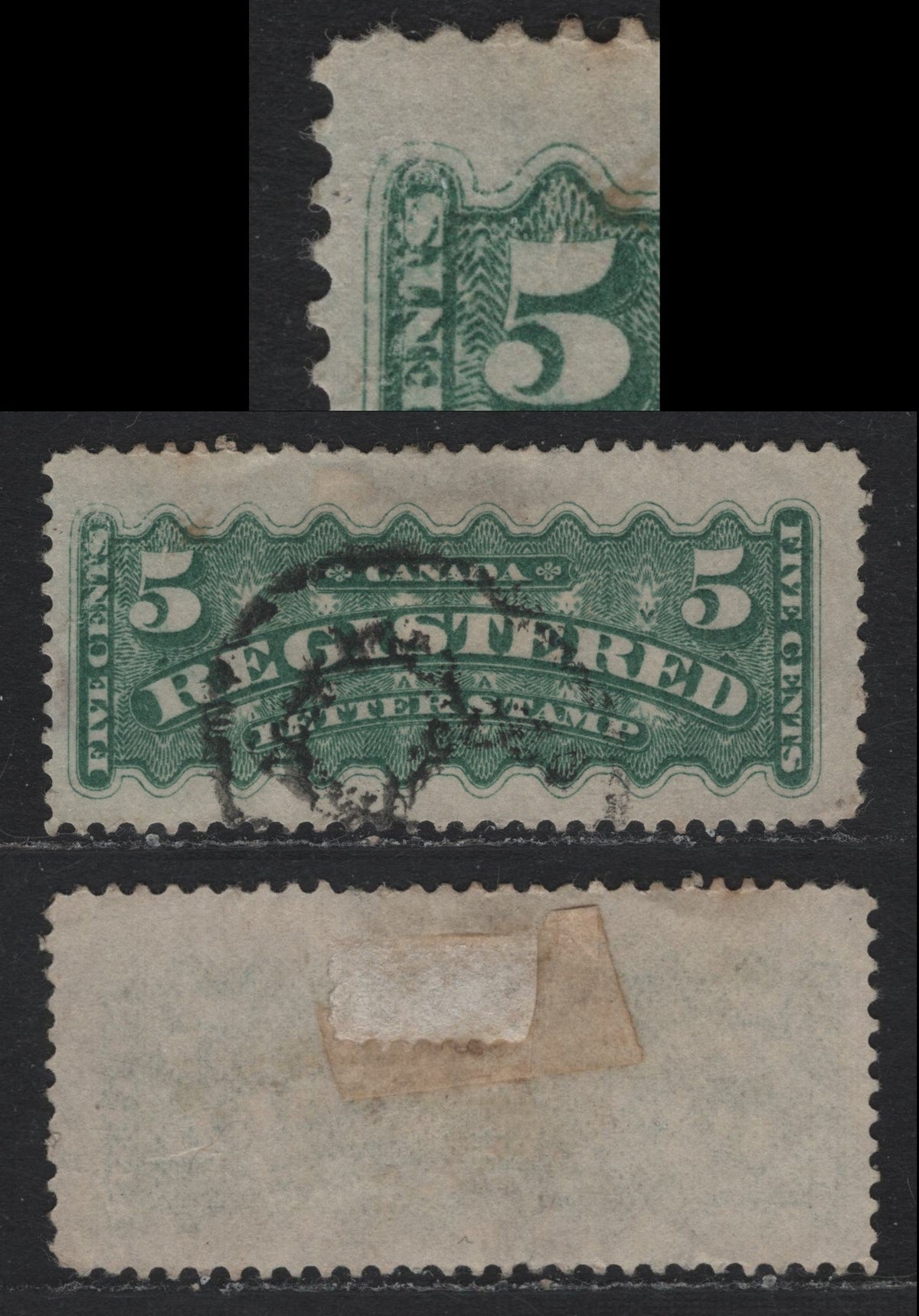Lot 253 Canada #F2a 5c Paler Bluish Green, 1875-1896 Registration Issue, A Fine Used Single, Montreal Gazette Printing, Perf 11.9x12, Paper MG-K, Showing Significant Fitting Of The Design In The Text Panel At UL, Resulting From Plate Damage, Unlisted.