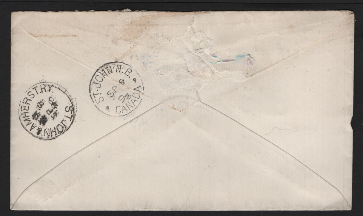 Lot 257 Canada #F2, A Very Fine Used Culbert Corner Card Registered Cover, Sent From Sussex Vale, NB To Saint John NB Via Saint John-Amherst Railway, Sept 8 1893 Sussexvale CDS On Face & Sept 8 & 9 Saint John & Amherst RY Transit Backstamp.
