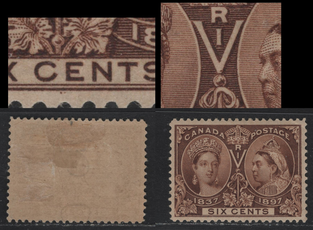 Lot 268 Canada #55var 6c Dark Yellow Brown, 1897 Diamond Jubilee Issue, A FOG Single, ABN-QQQQ Paper, Perf 11.9, Showing Dot In Base Of V & Two Dots In Margin Under CE of Cents.