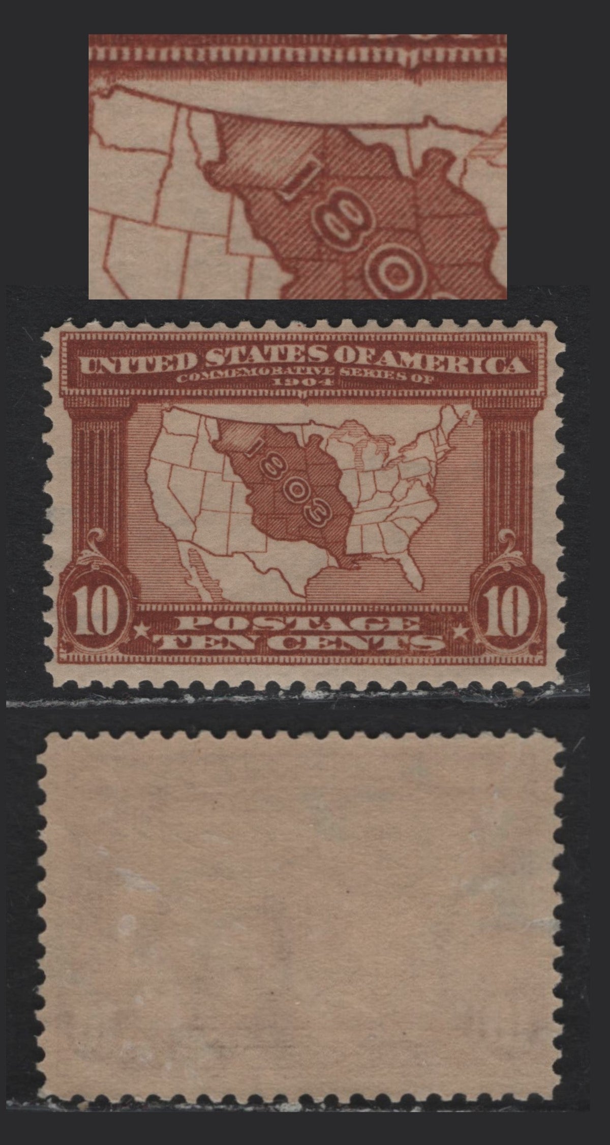 Lot 180 United States SC#327var 10c Red Brown A VFOG Single, Sideways Inverted & Reversed Wmk, Showing Top Row Positional Dot In Center of the Top Margin, Map Shading Variety In The Upper Left Portion Of The Shaded Section of the Map Appears Weak.