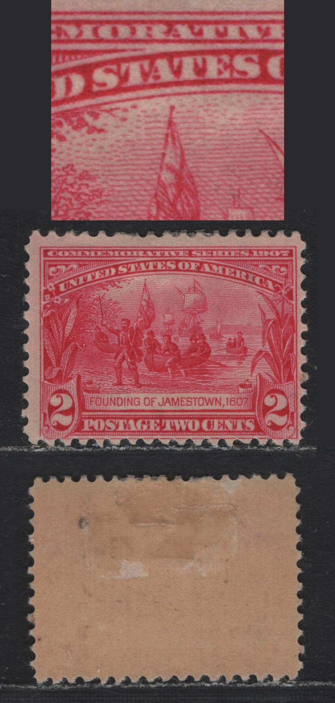 Lot 198 United States SC#329var 2c Carmine Rose , 1907 Jamestown Exposition Issue, A FOG Single, Inverted Wmk, Showing Break In Flagpole Variety