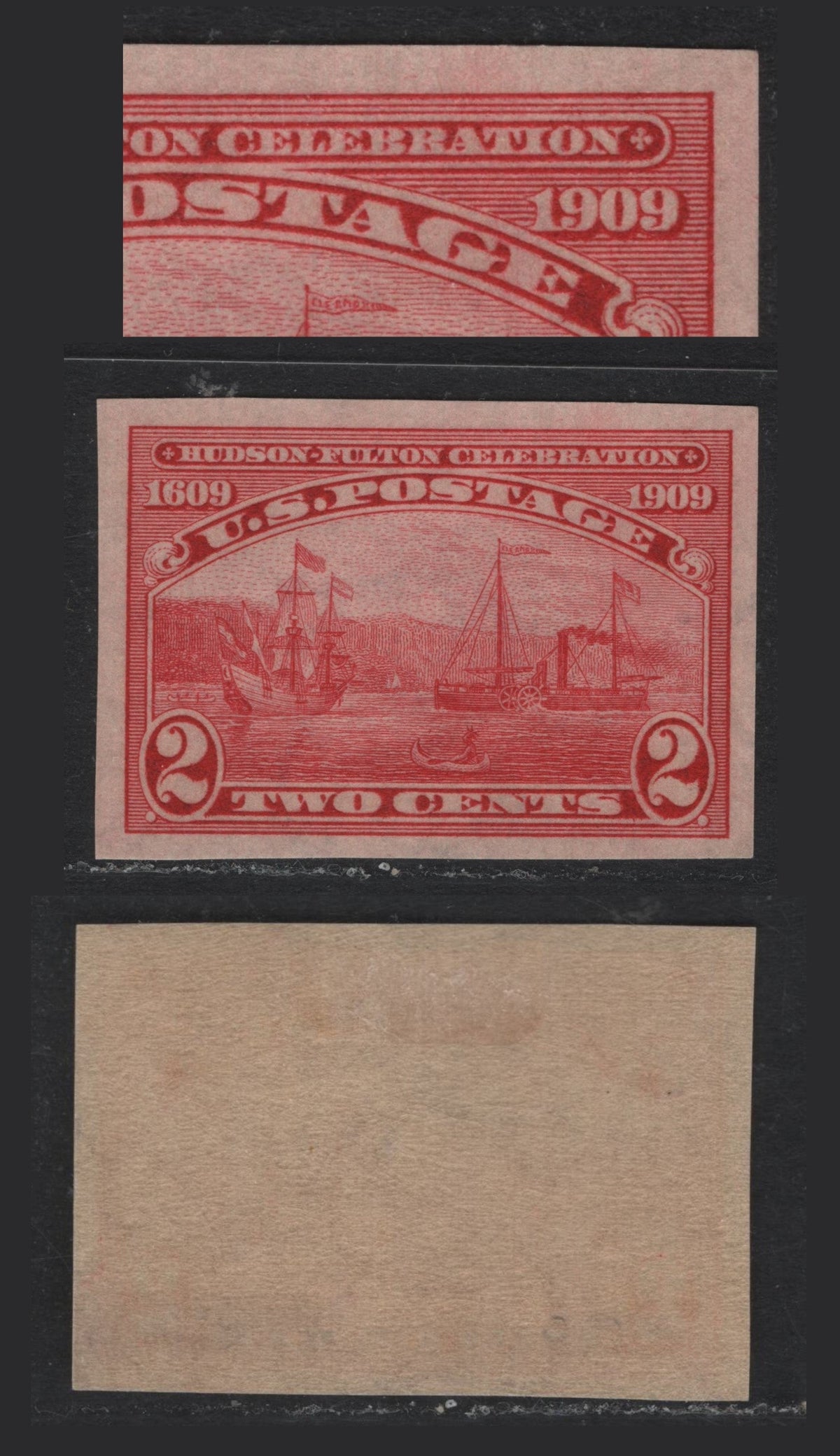 Lot 253 United States SC#373var 2c Carmine , 1909 Hudson-Fulton Celebration Issue, A VFOG Imperf Single, Reversed Wmk, Faint Slip Print Or Double Transfer, Causing Doubling In 1909, T Of Postage & Most Letters Of Celebration.
