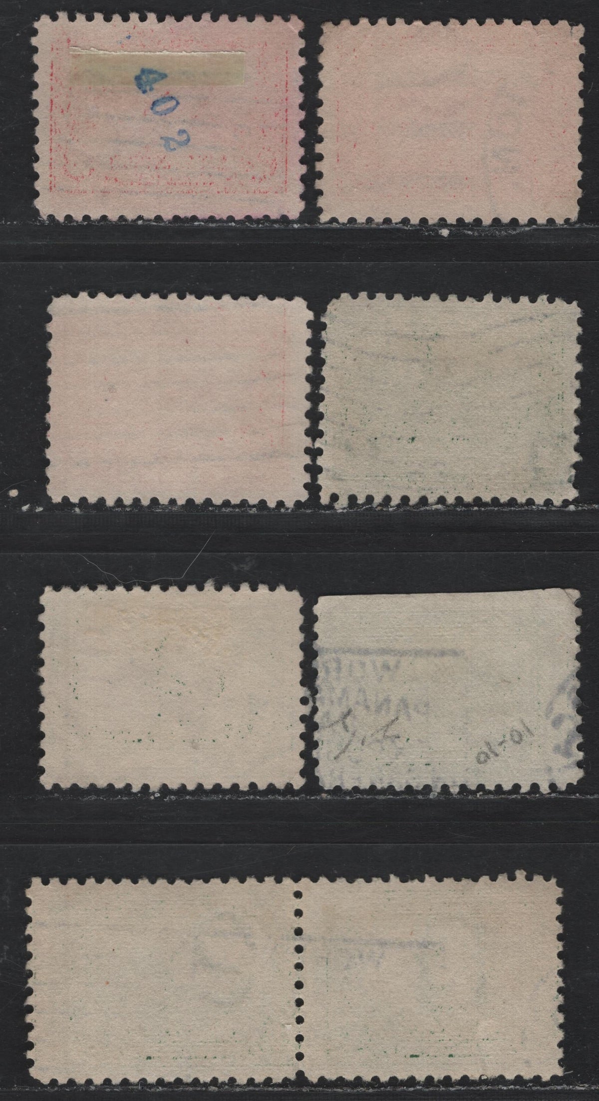 Lot 275 United States SC#401-402 1c - 2c Green - Carmine Rose , 1914-1915 Panama Pacific Issue, 7 Fine Used Singles, Upright, Reversed & Inverted & Reversed, 2c Upright, Inverted & Reversed Wmks, Small Corner Crease On 2c Reversed Wmk.
