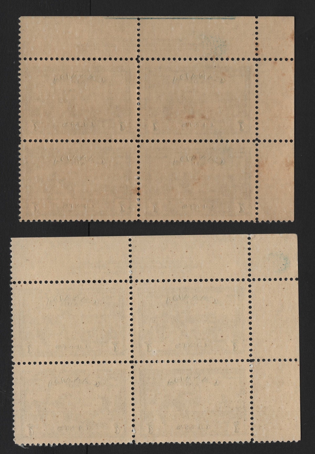 Lot 291 Canada (C)SC#C9 7c Blackish Blue - Brighter Steel Blue , 1946 Airmail Issue, 2 VFNH UL Blocks Of 4, Plates 1 & 2, Both On Horizontal Ribbed Paper, Yellow Satin & Yellow Semi Gloss Gum, Semi Transparent & Transparent (CBN-OOOOOOO & CBN-HHHHHH).