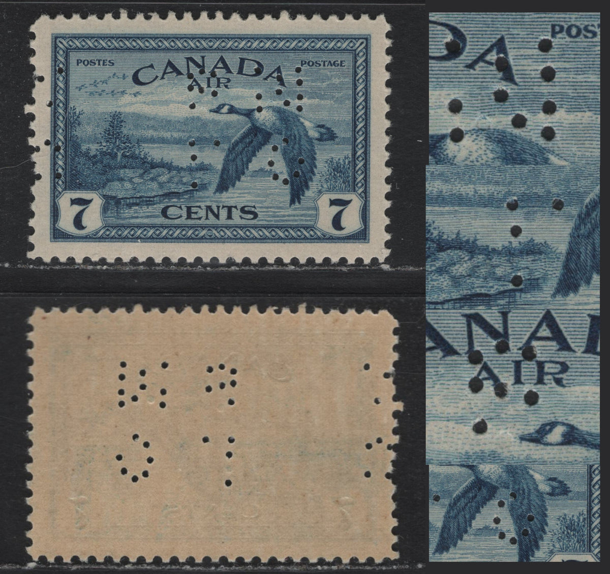 Lot 293 Canada SC#O10-C9var 7c Deep Blue , 1946 Airmail Issue, A VFNH Single, Horizontal Ribbed Paper With Yellowish Semi Gloss Gum, OHMS Perfin, Showing Missing Holes, Paper Type CBN-RRRRRRR.