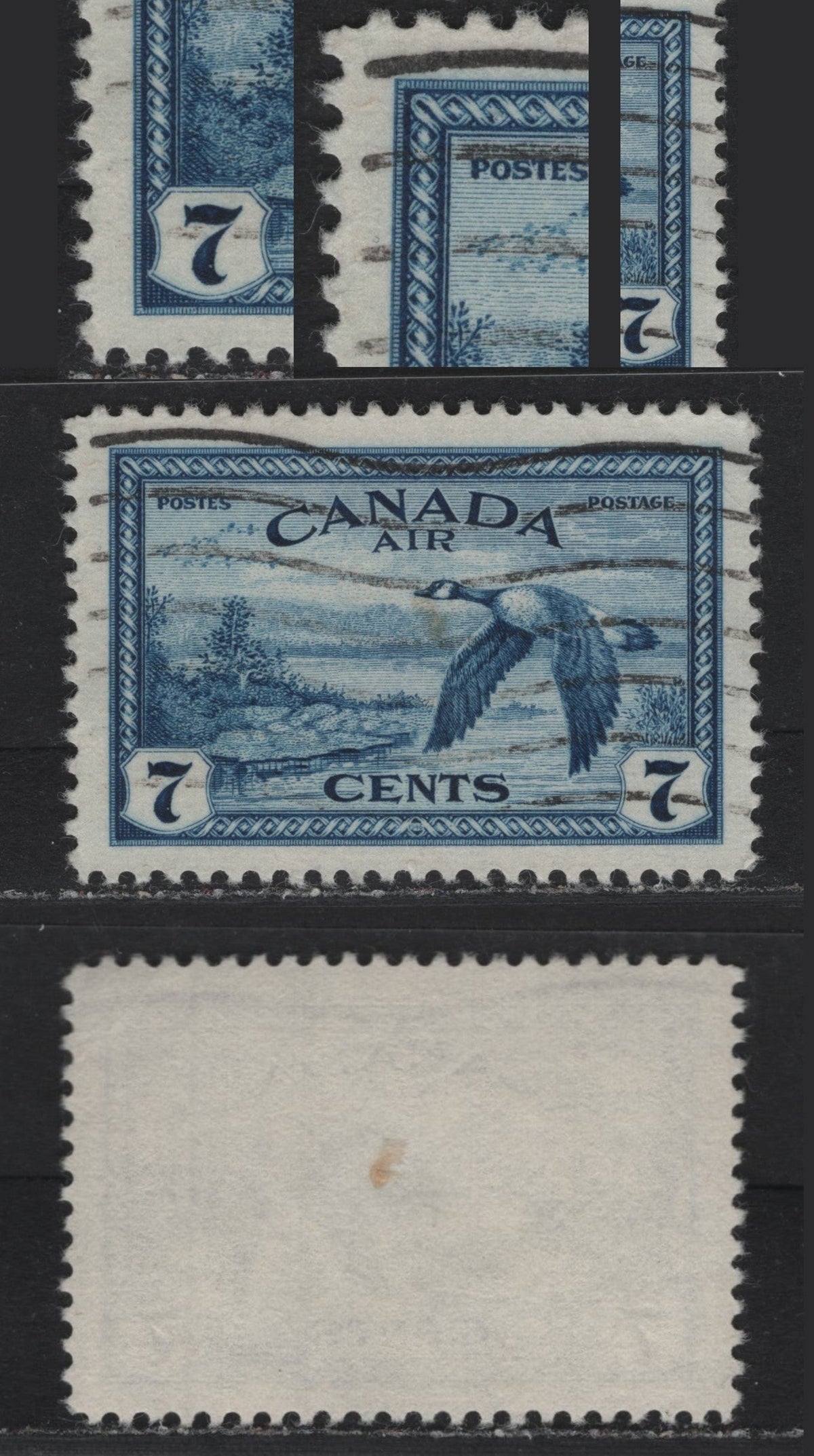 Lot 321 Canada (C)#C9ii 7c Deep Bright Blue , 1946 Airmail Issue, A Very Fine Used Single, Pos. 14 Re-Entry, Showing Doubling of UL Corner & Left and Right Framelines, Smooth Wove Paper.