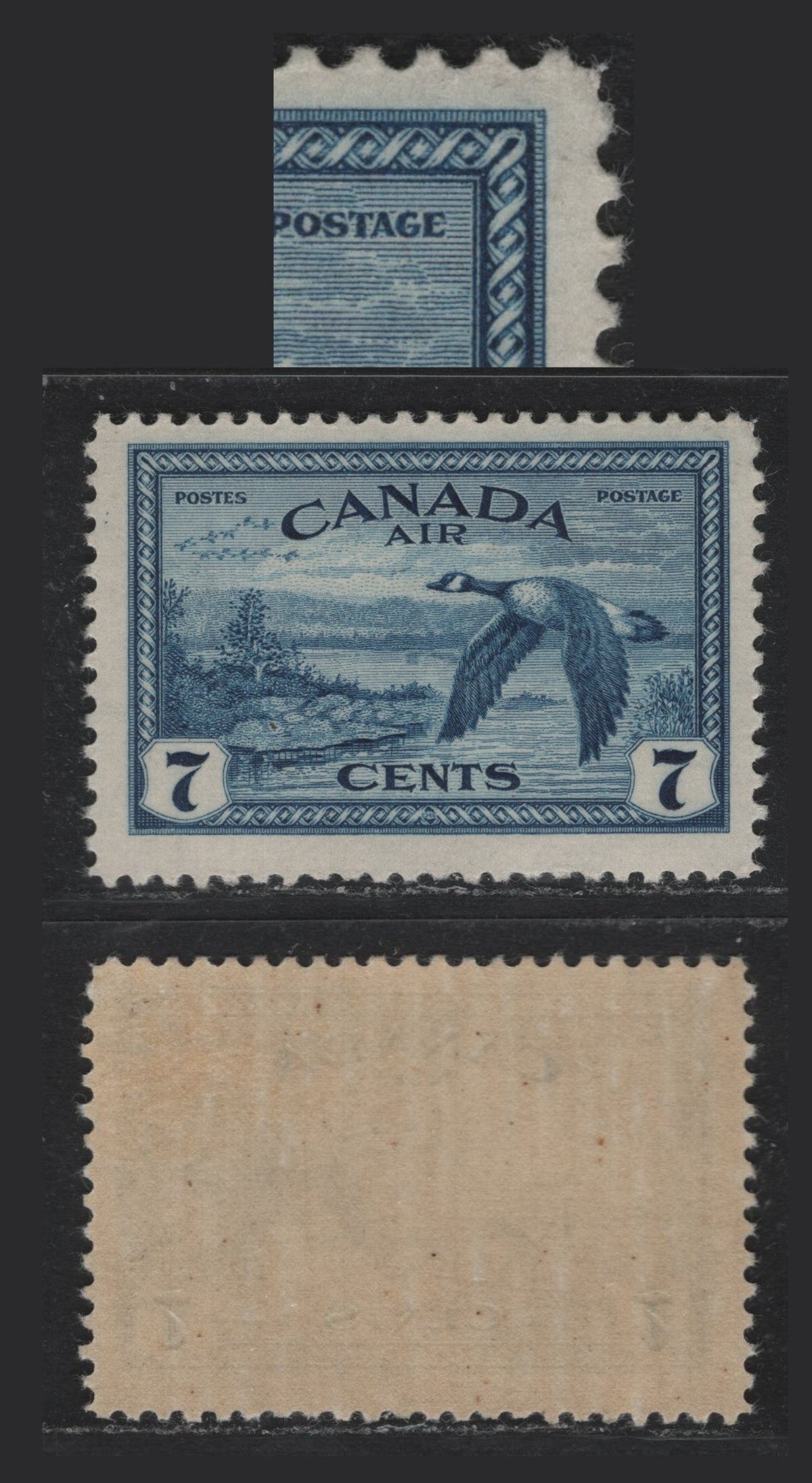 Lot 323 Canada #C9i 7c Deep Blue , 1946 Airmail Issue, A FOG Single, Nearly Opaque, Lightly Ribbed Vertical Wove Paper With Streaky Yellowish Cream Satin Gum (CBN-HHHHHHHH), Minor Re-Entry In UR Corner