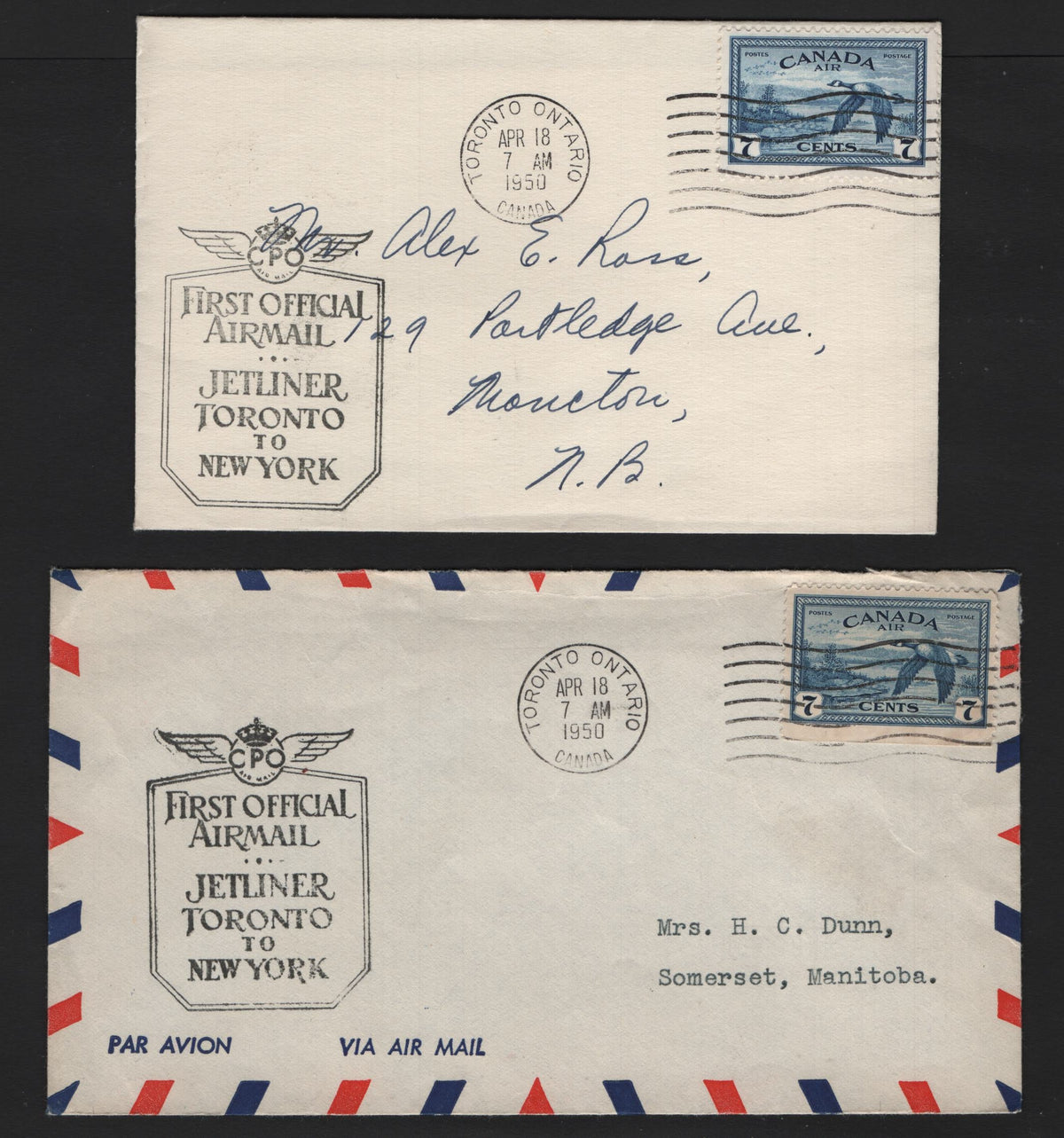 Lot 326 (C)Canada, 2 Very Fine Used Jetliner Flight Mail Covers, Sent On April 18, 1950 From Toronto, One Addressed to Somerset, MB & One To Moncton, NB, Both Franked With C9.