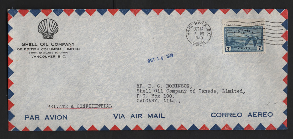 Lot 327 Canada, A Fine Used Corner Card Airmail Cover, Shell Oil Corner Card Airmail Cover, Sent From Their Vancouver Office To Their Calgary Office, Franked With A Single C9, Paying The 7c Airmail Rate.