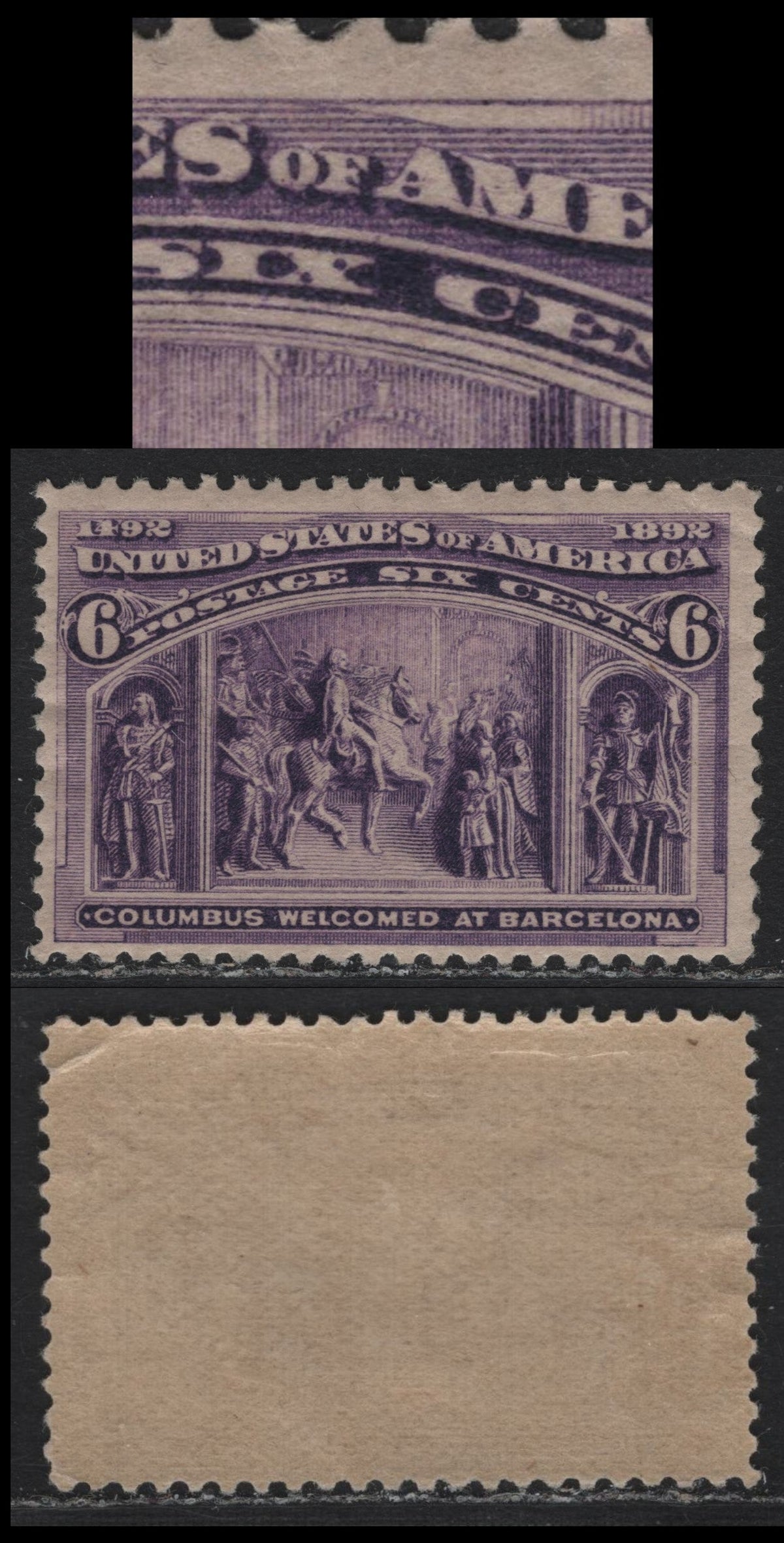 Lot 42 United States (C)SC#235var 6c Purple , 1893 Columbian Exposition Issue, A VGOG Single, Unlisted Horizontal Dashes In C Of Cents & M of America, Likely Layout Guidelines Or Transfer Roll Relief Flaws, Small Corner Crease At Upper Right.