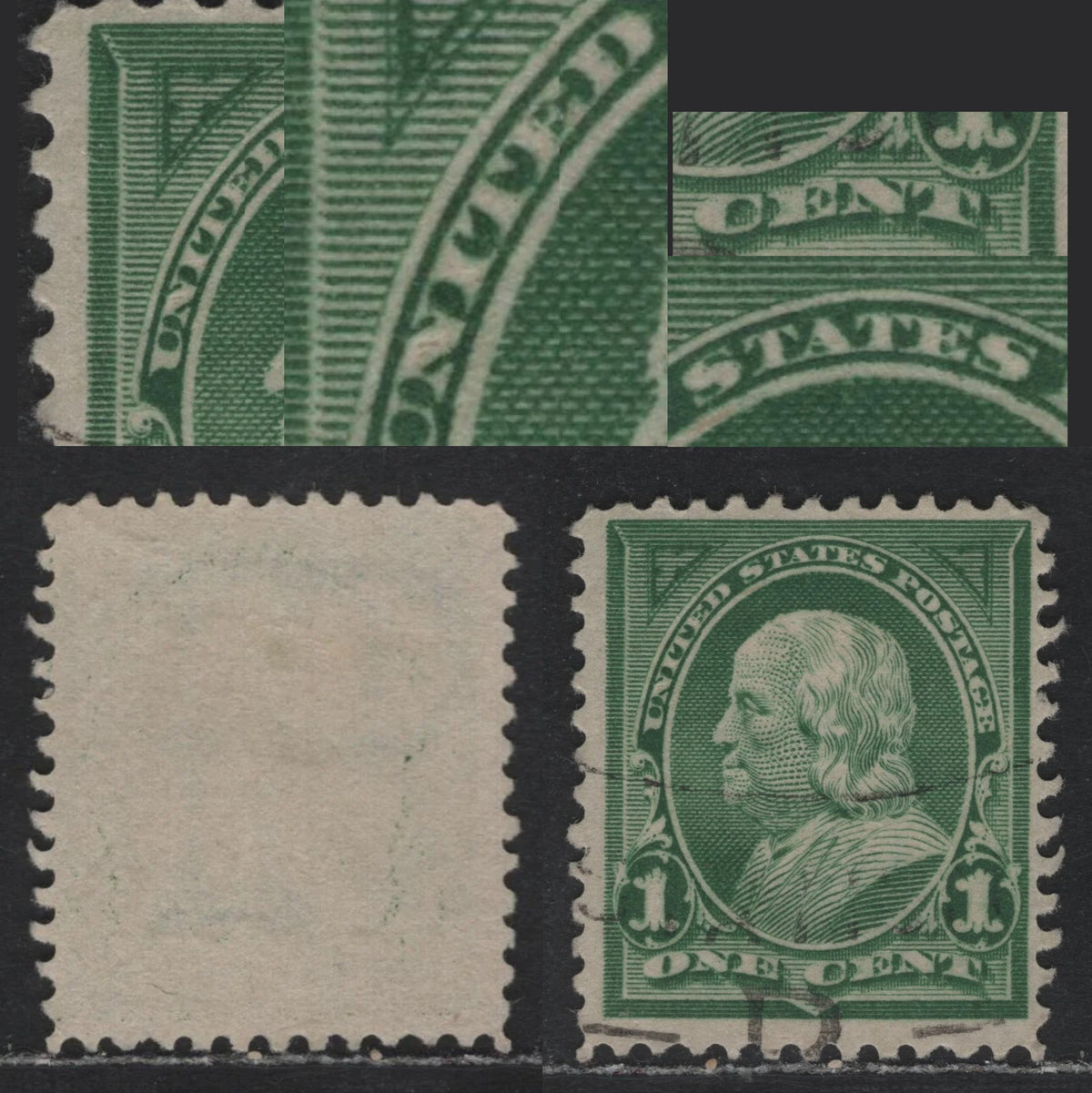 Lot 185 United States (C)SC#279var 1c Green , 1897-1903 1st Bureau With New Color Issue, A Fine Used Single, Double Transfer Affecting The Frameline At UL 'ED' of United, States & Cent, Reversed Vertical USPS Wmk