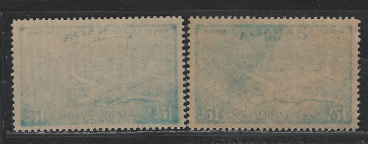Lot 239 Canada #CE3var, CE4var 17c Bright Aniline Ultramarine , 1946 Airmail Special Delivery Issue, 2 VFNH Singles, CBN-WWWWWWWW Paper, Perf 12x11.9, Very Likely Caused By A Changeling Caused By The Softeners In A Plastic Crystal Mount.
