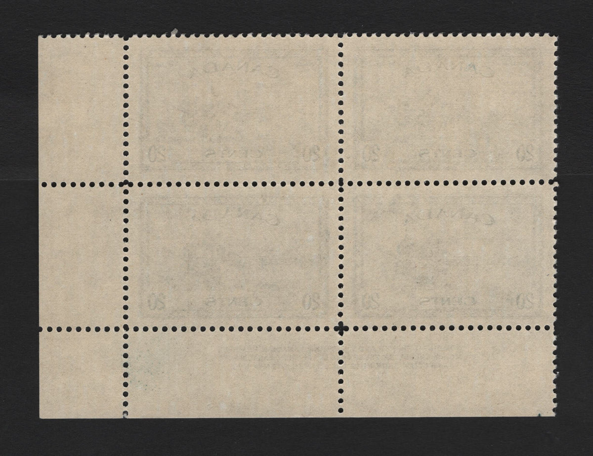 Lot 260 Canada #272 20c Greenish Slate , 1946 KGVI Peace Issue, A VFNH LR Block Of 4, CBN-YYYYYYYY paper, Perf 11.85, Plate Dots In Selvedge At Lower Left & Upper Right.