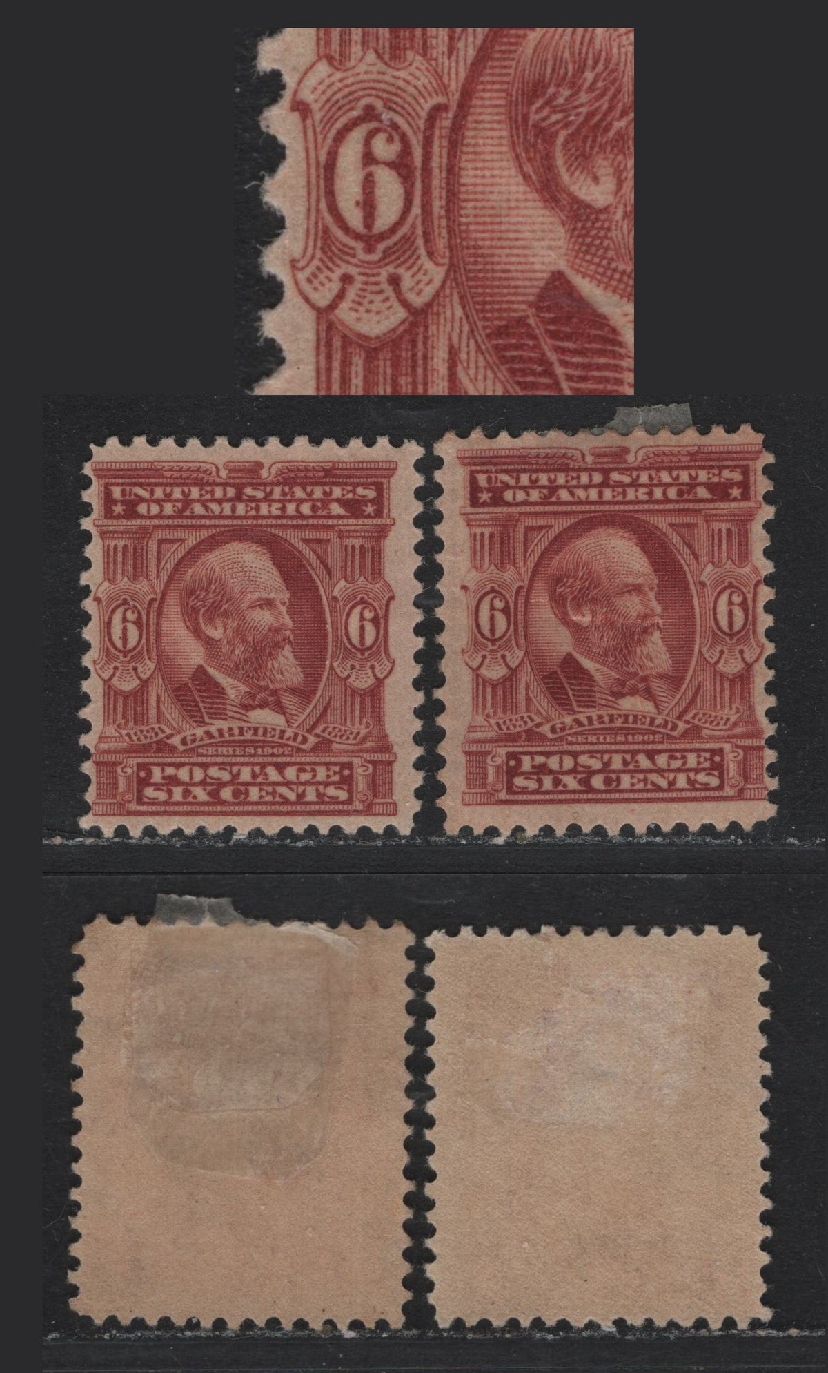 Lot 43 United States SC#305 6c Claret Brown - Lake Brown , 1902-1903 2nd Bureau Issue, 2 FOG Singles, Reversed Wmks, Claret Brown Showing An Unlisted Dot in 6 Variety