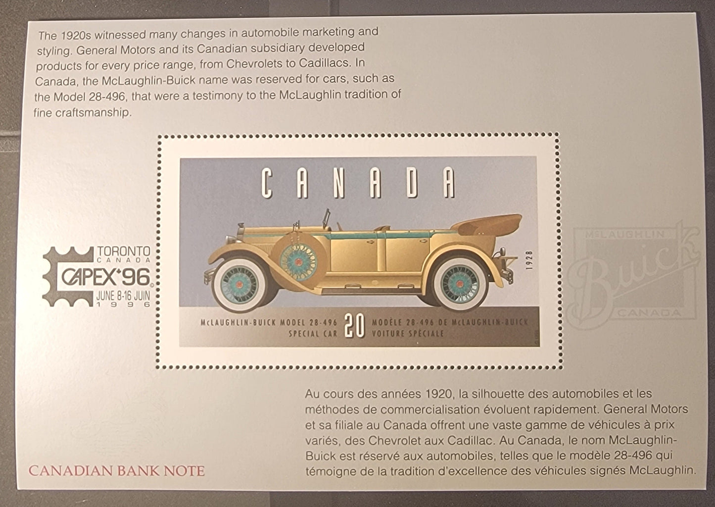 Canada #PEC#7 20c Multicoloured McLaughlin Buick, 1996 Historic Land Vehicles Issue, A VF CAPEX '96 Philatelic Exhibition Card, Containing Perforated Reproduction Of #1605r