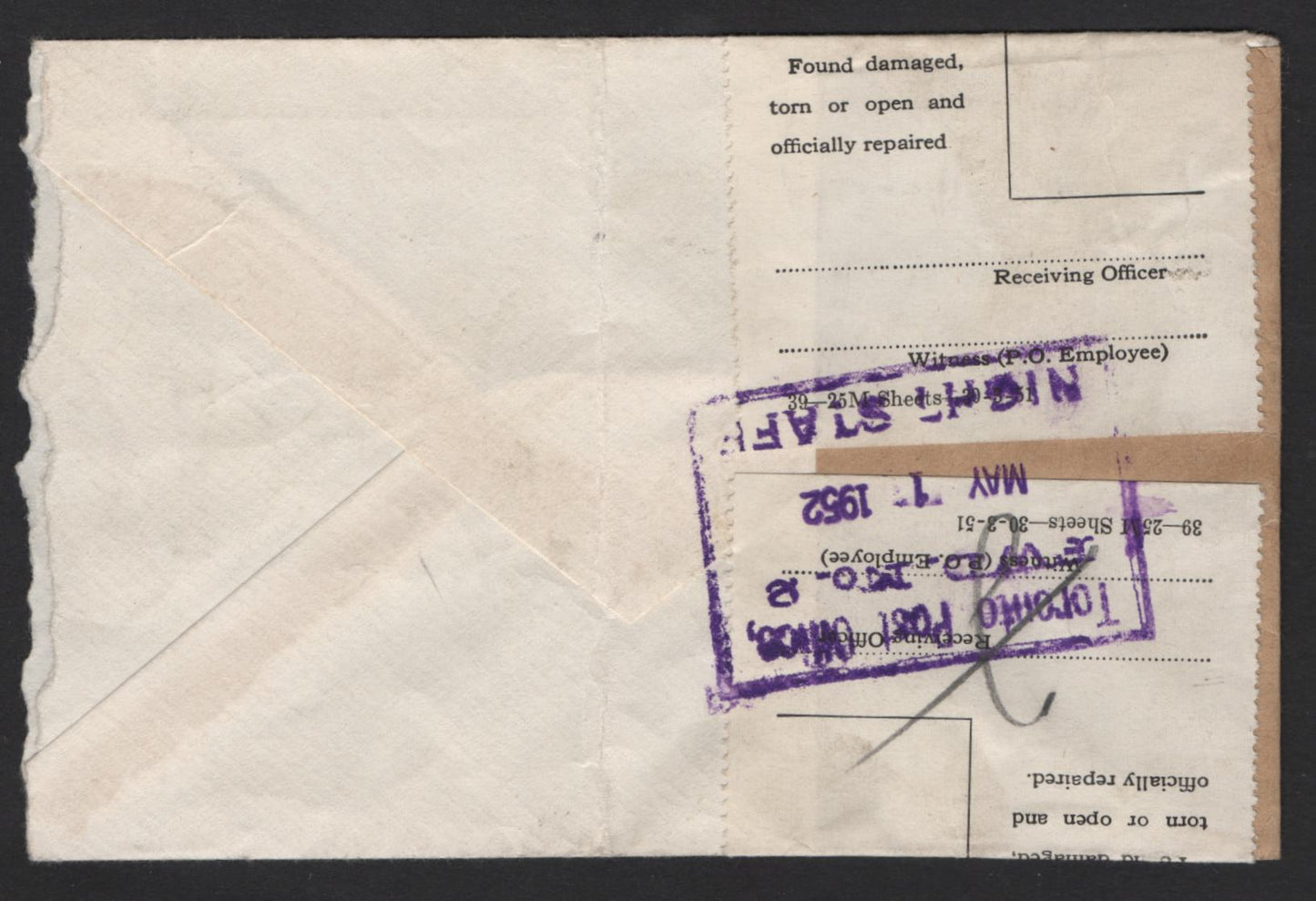 Lot 231 Canada (C) #Unlisted, A Fine Metered Envelope, Sent May 1, Damaged In Transit, Black & White Label Was Applied Across A Tape Seal Which Reads 'Canada Post Office'